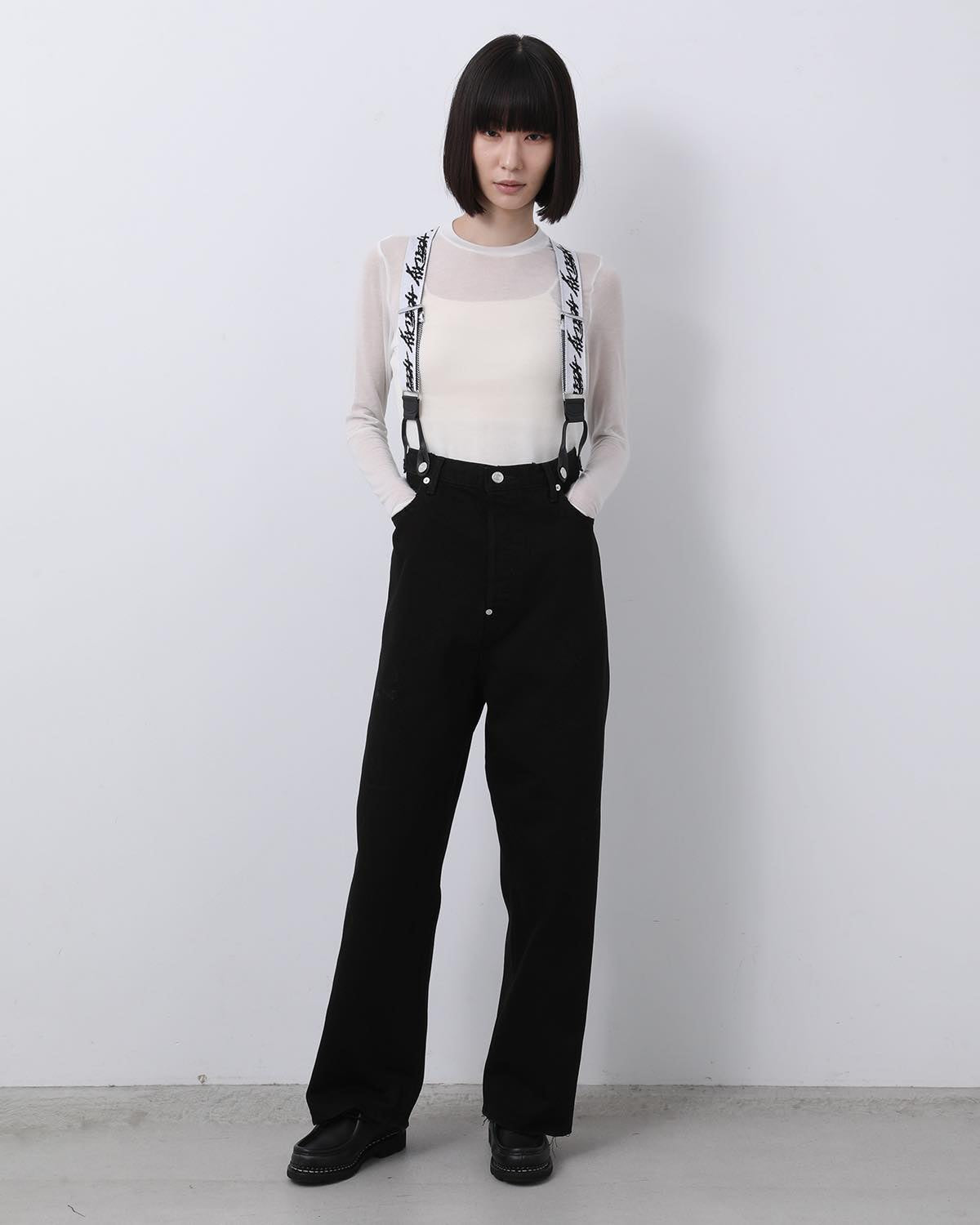 DAMAGE DENIM SUSPENDER PANTS（BLACK）