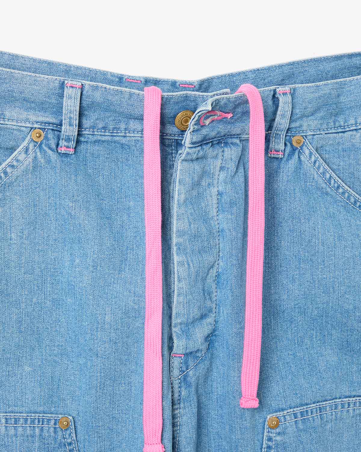 DOUBLE KNEE DRAWSTRINGS DENIM PANTS（PINK STITCH）