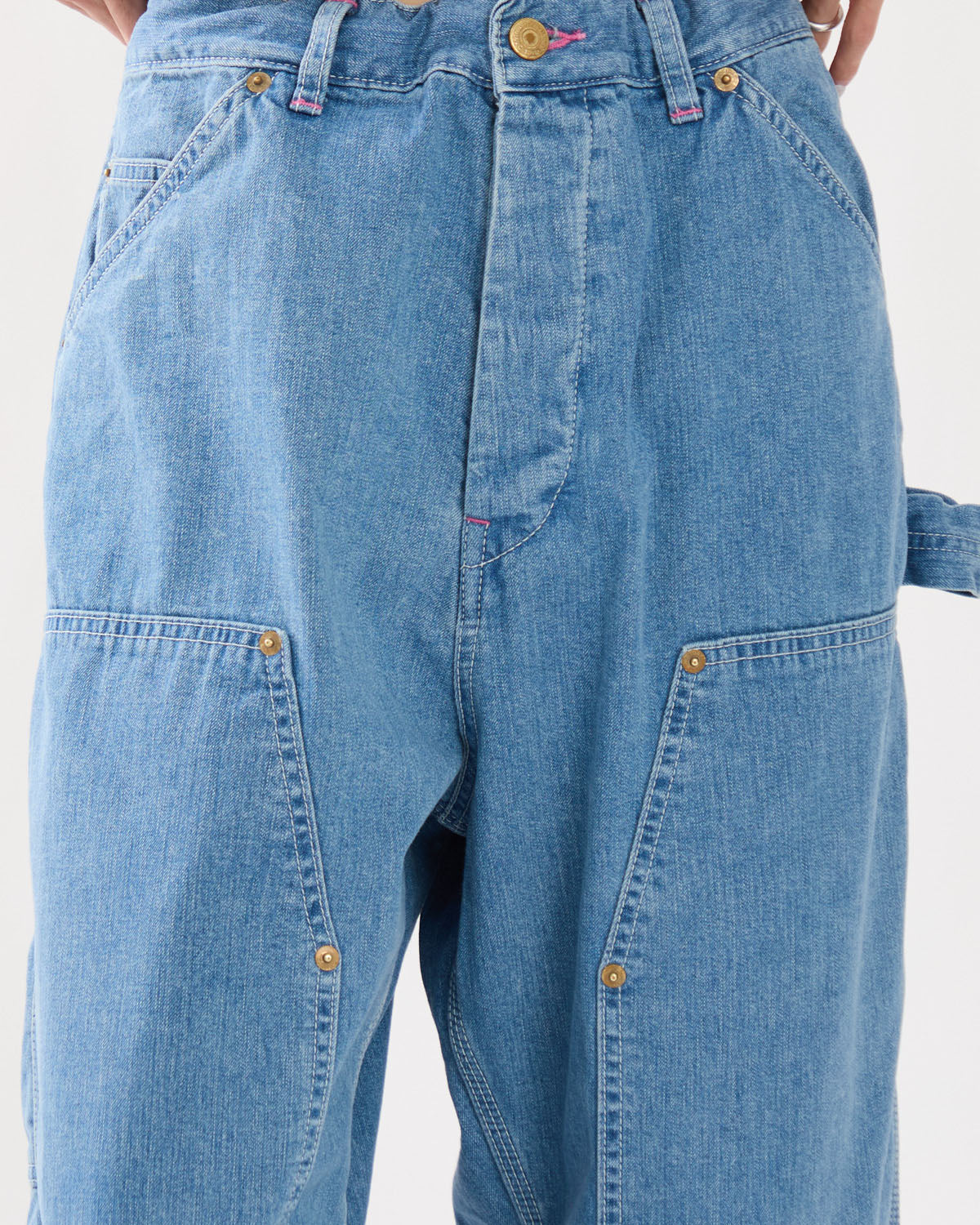DOUBLE KNEE DRAWSTRINGS DENIM PANTS（PINK STITCH）