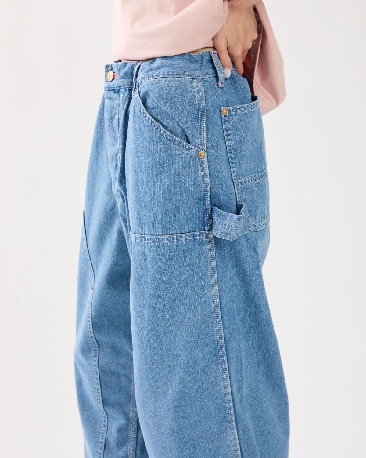 DOUBLE KNEE DRAWSTRINGS DENIM PANTS（PINK STITCH）