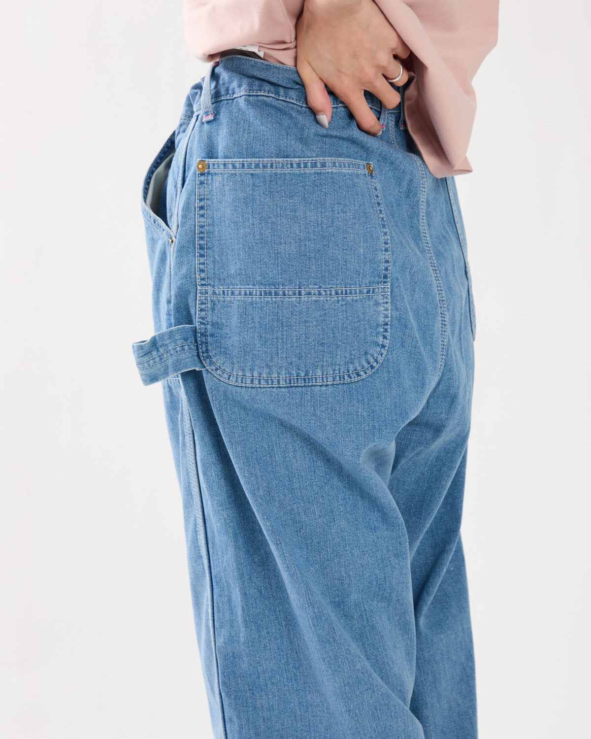 DOUBLE KNEE DRAWSTRINGS DENIM PANTS（PINK STITCH）