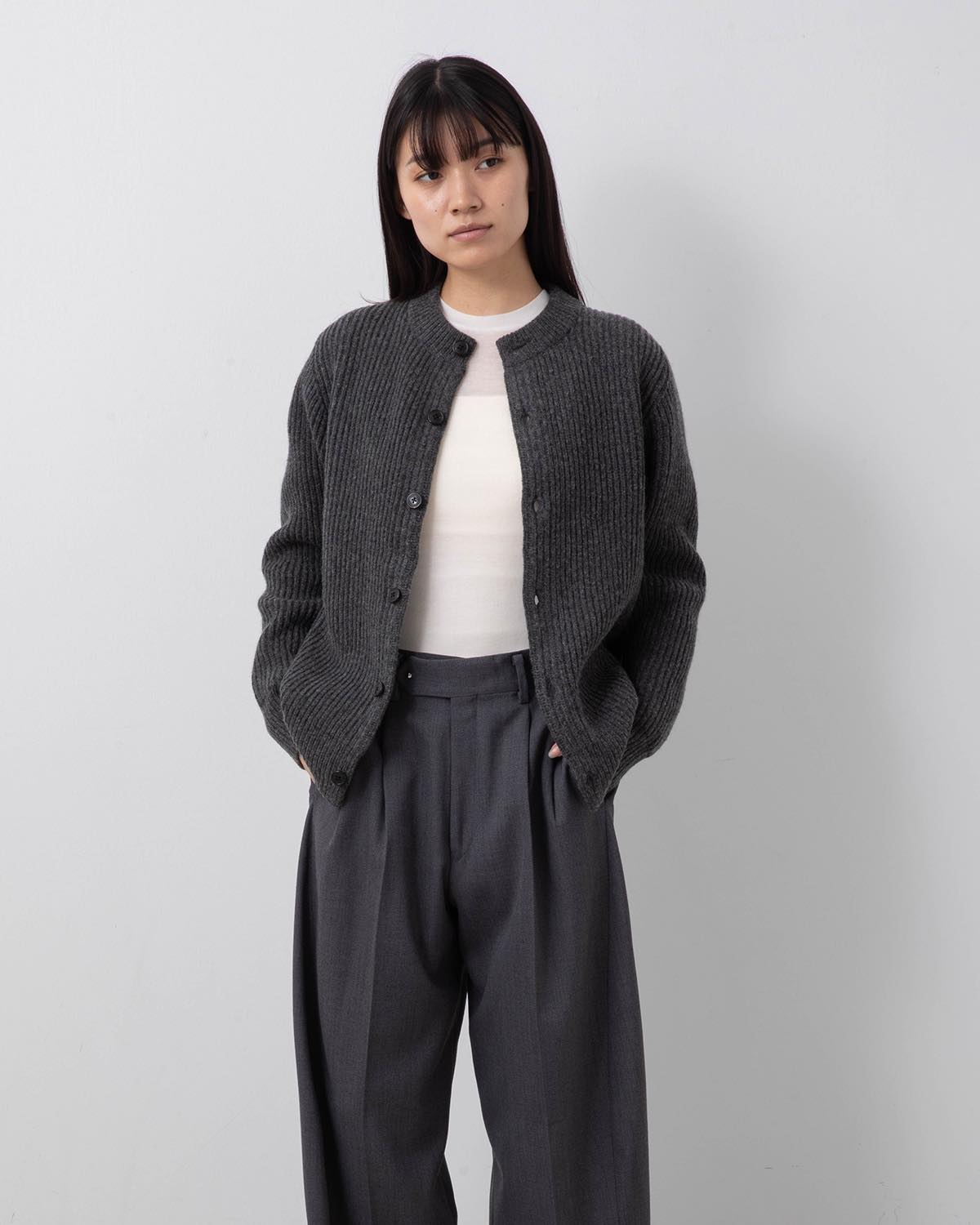 RIBBED KNIT WOOL CARDIGAN