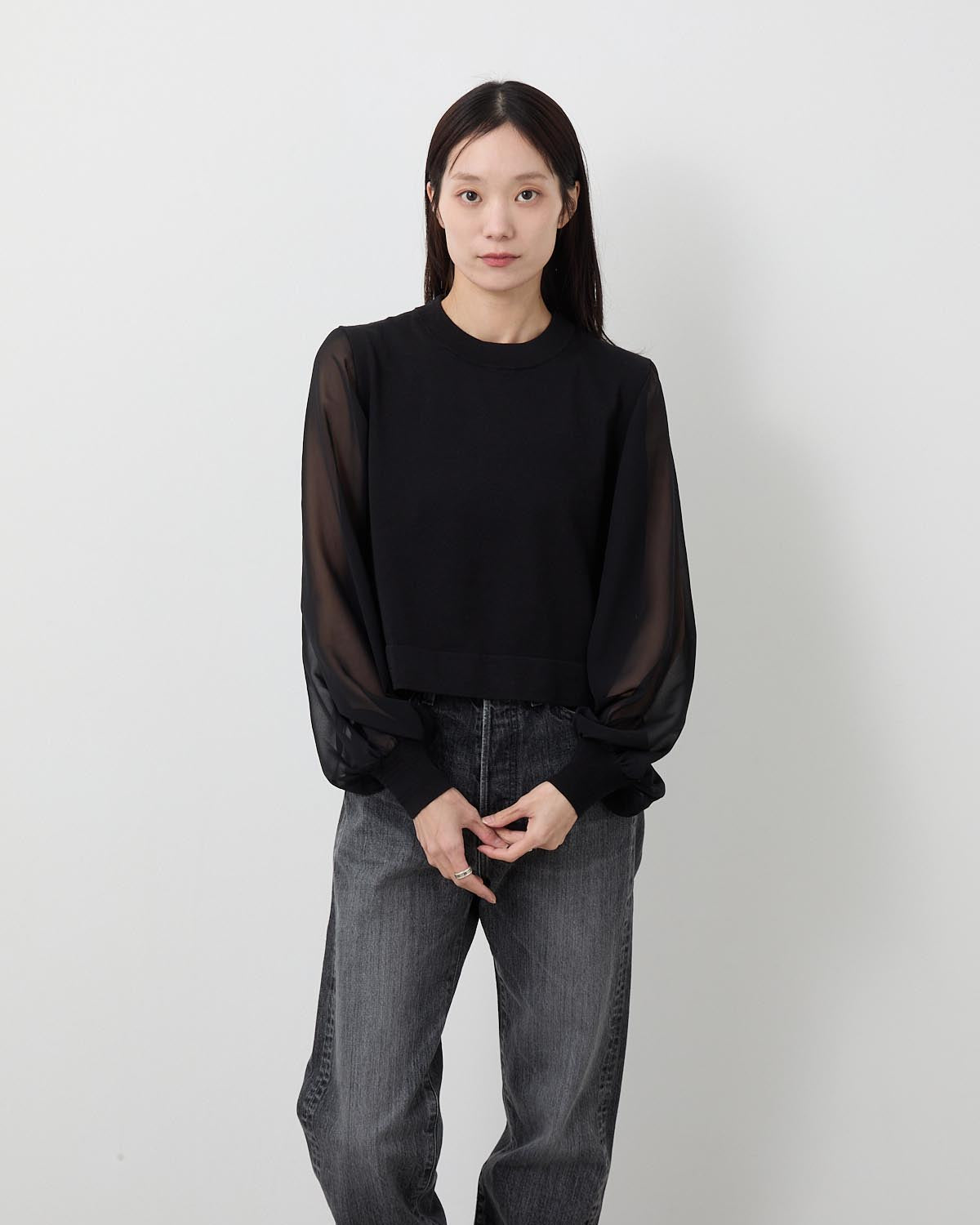SHEER SLEEVES CREW NECK CROPPED KNIT
