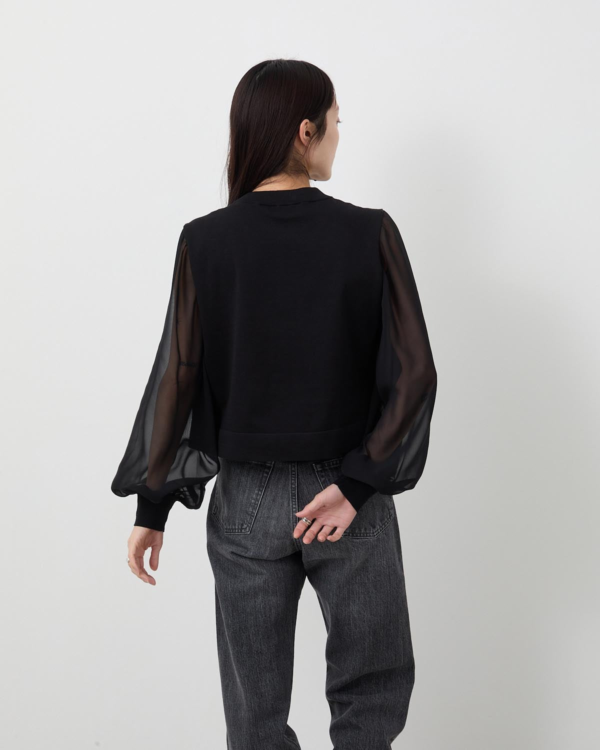SHEER SLEEVES CREW NECK CROPPED KNIT