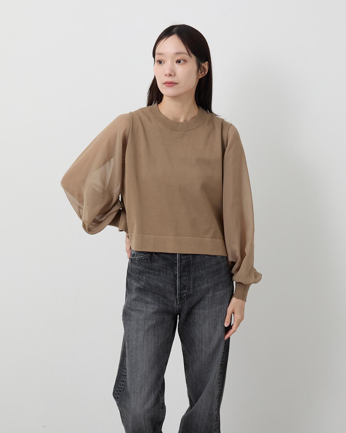 SHEER SLEEVES CREW NECK CROPPED KNIT
