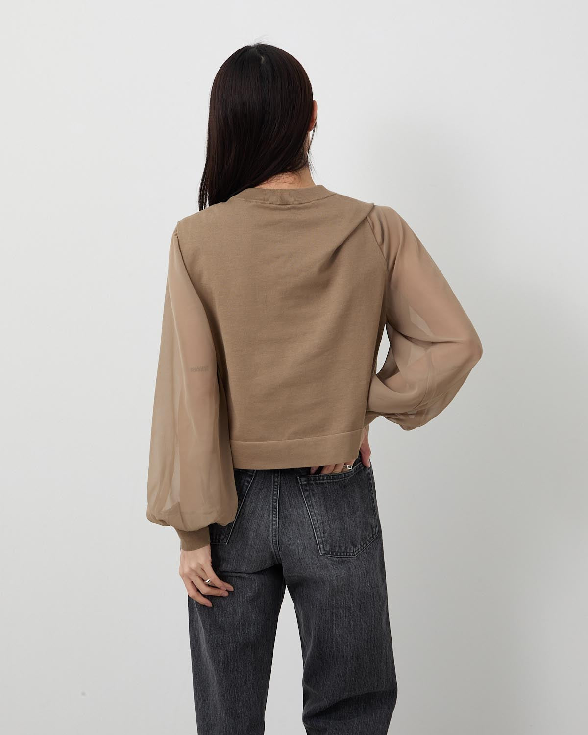 SHEER SLEEVES CREW NECK CROPPED KNIT