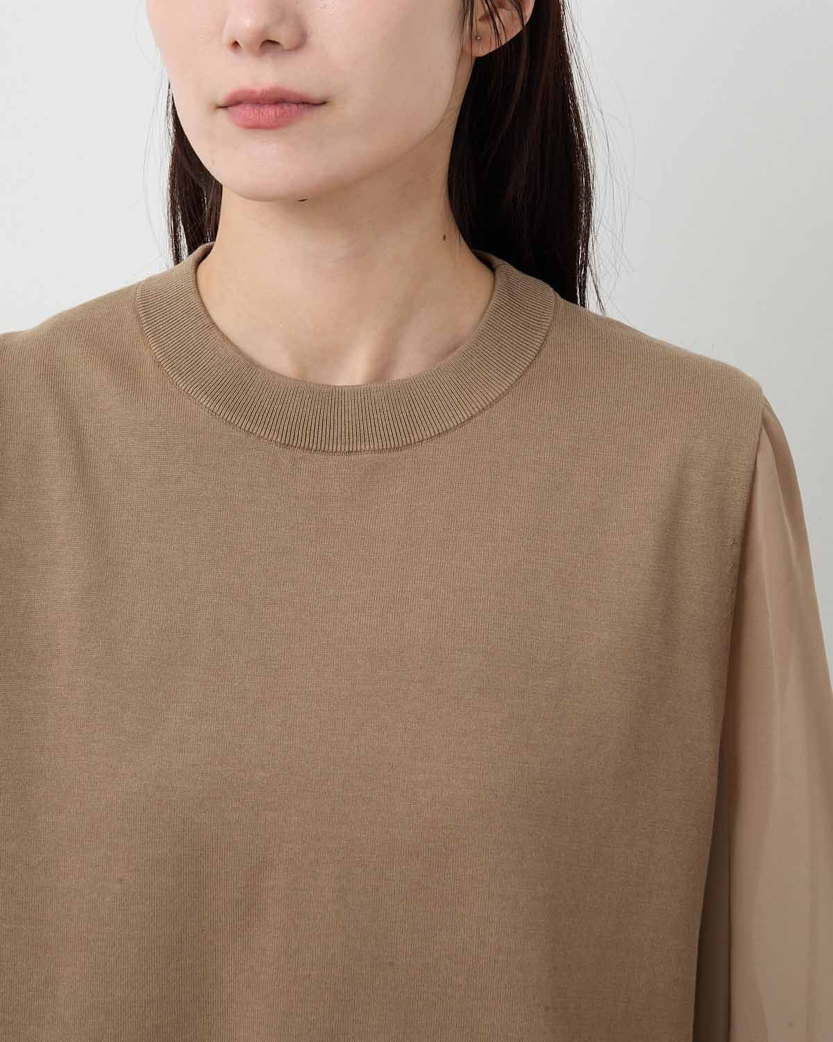 SHEER SLEEVES CREW NECK CROPPED KNIT
