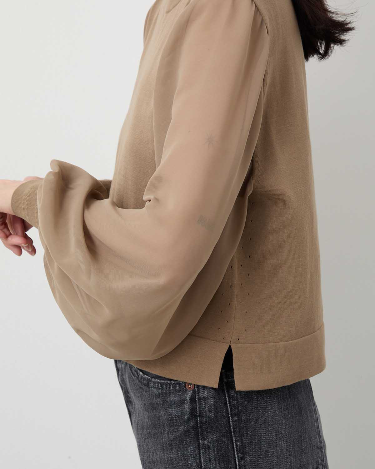 SHEER SLEEVES CREW NECK CROPPED KNIT