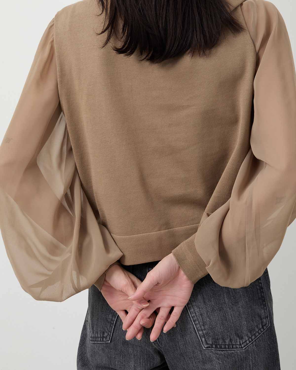 SHEER SLEEVES CREW NECK CROPPED KNIT