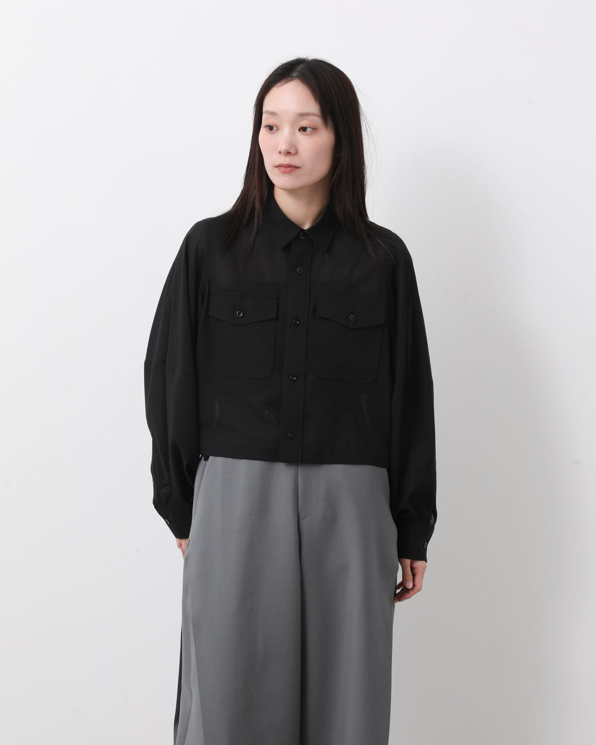 T/W VOILE BALLOON SLEEVE CROPPED SHIRT