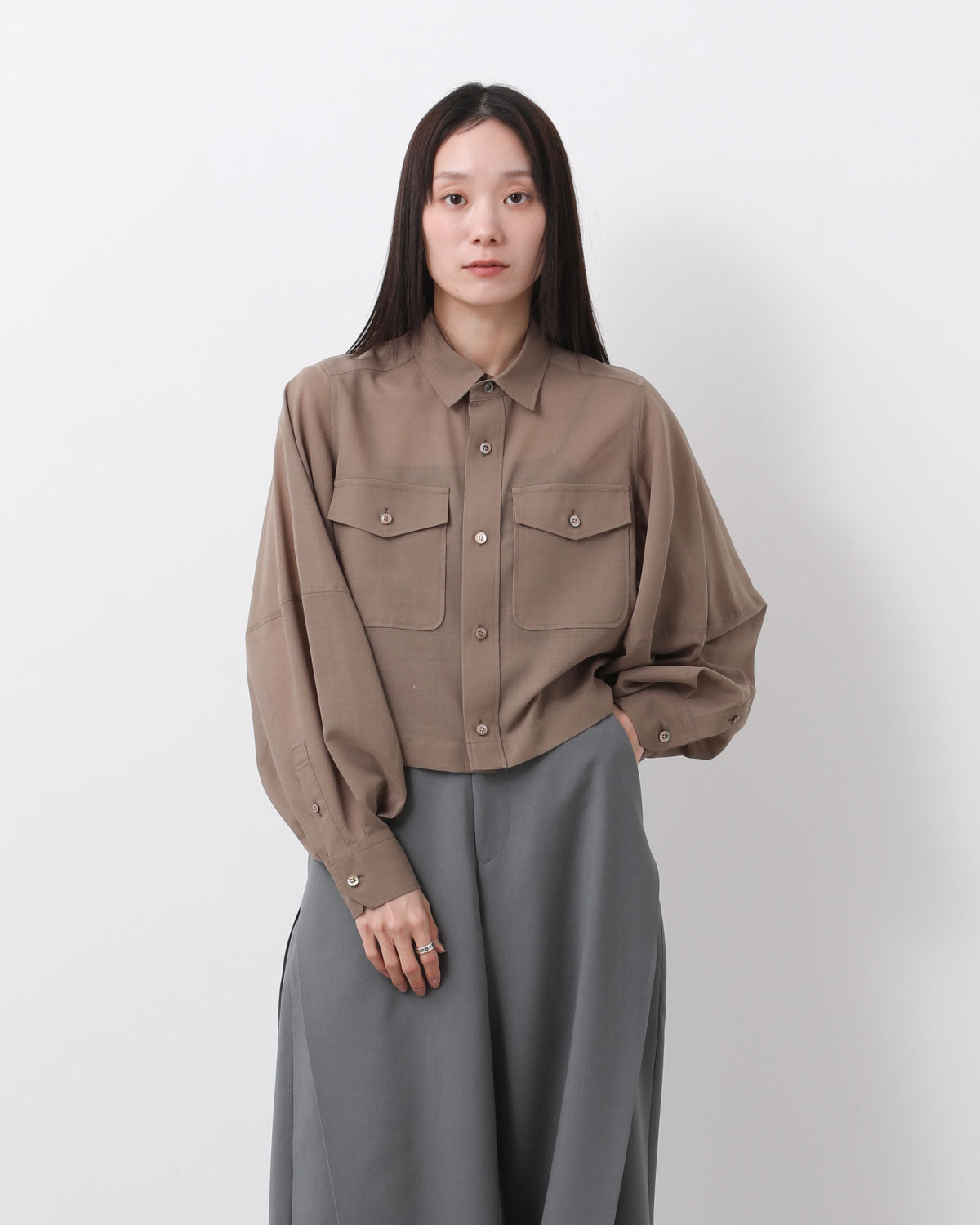 T/W VOILE BALLOON SLEEVE CROPPED SHIRT
