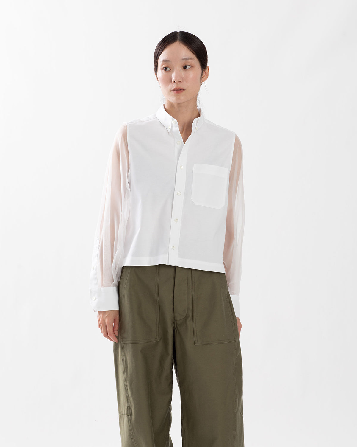OXFORD CROPPED SHEER SLEEVE SHIRT
