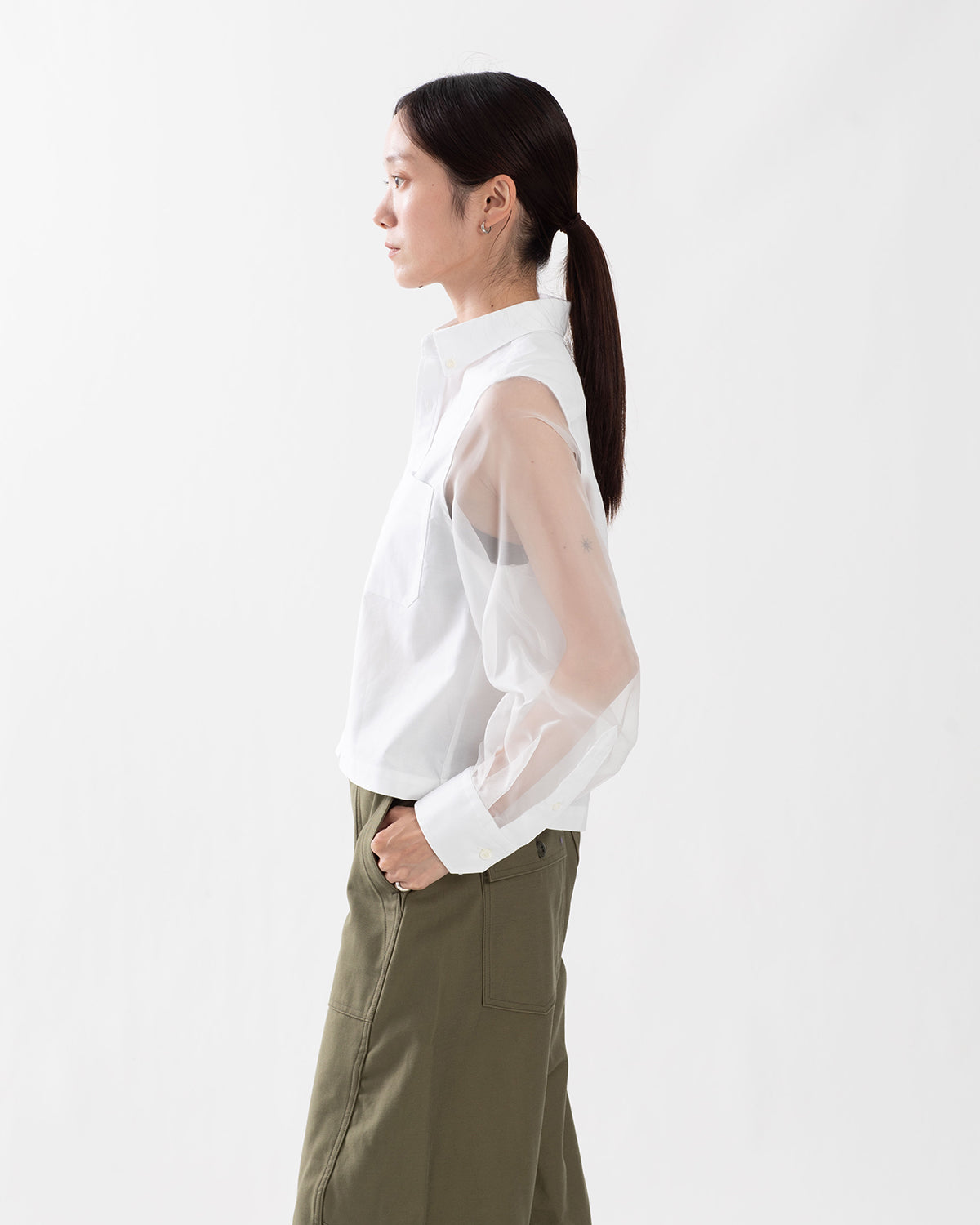 OXFORD CROPPED SHEER SLEEVE SHIRT