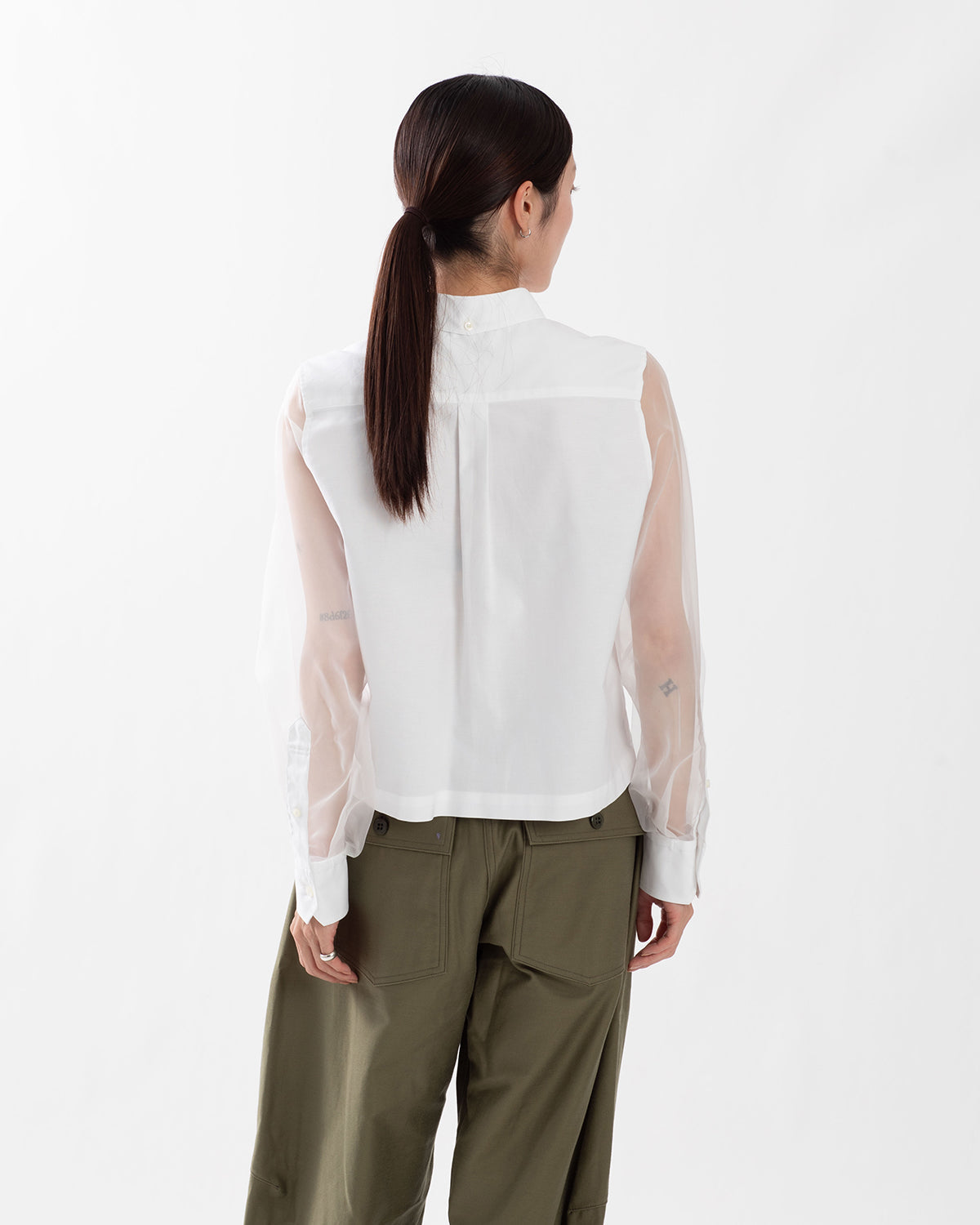 OXFORD CROPPED SHEER SLEEVE SHIRT