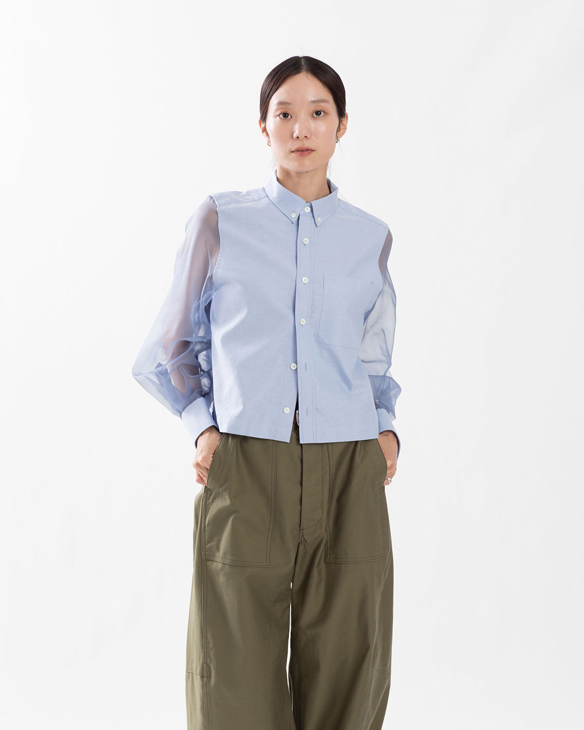 OXFORD CROPPED SHEER SLEEVE SHIRT