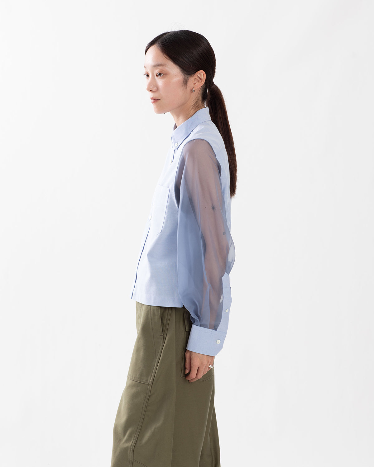 OXFORD CROPPED SHEER SLEEVE SHIRT