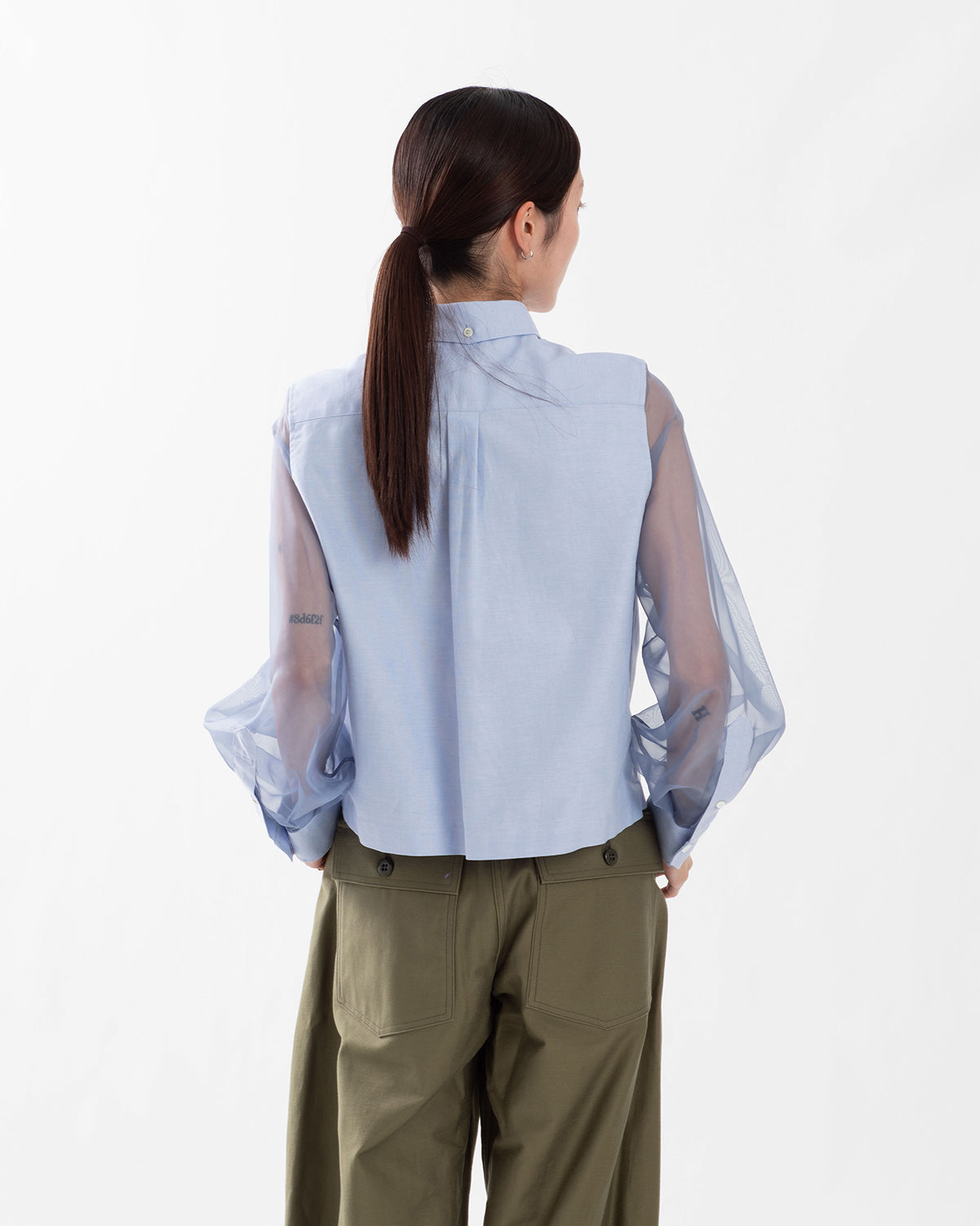 OXFORD CROPPED SHEER SLEEVE SHIRT
