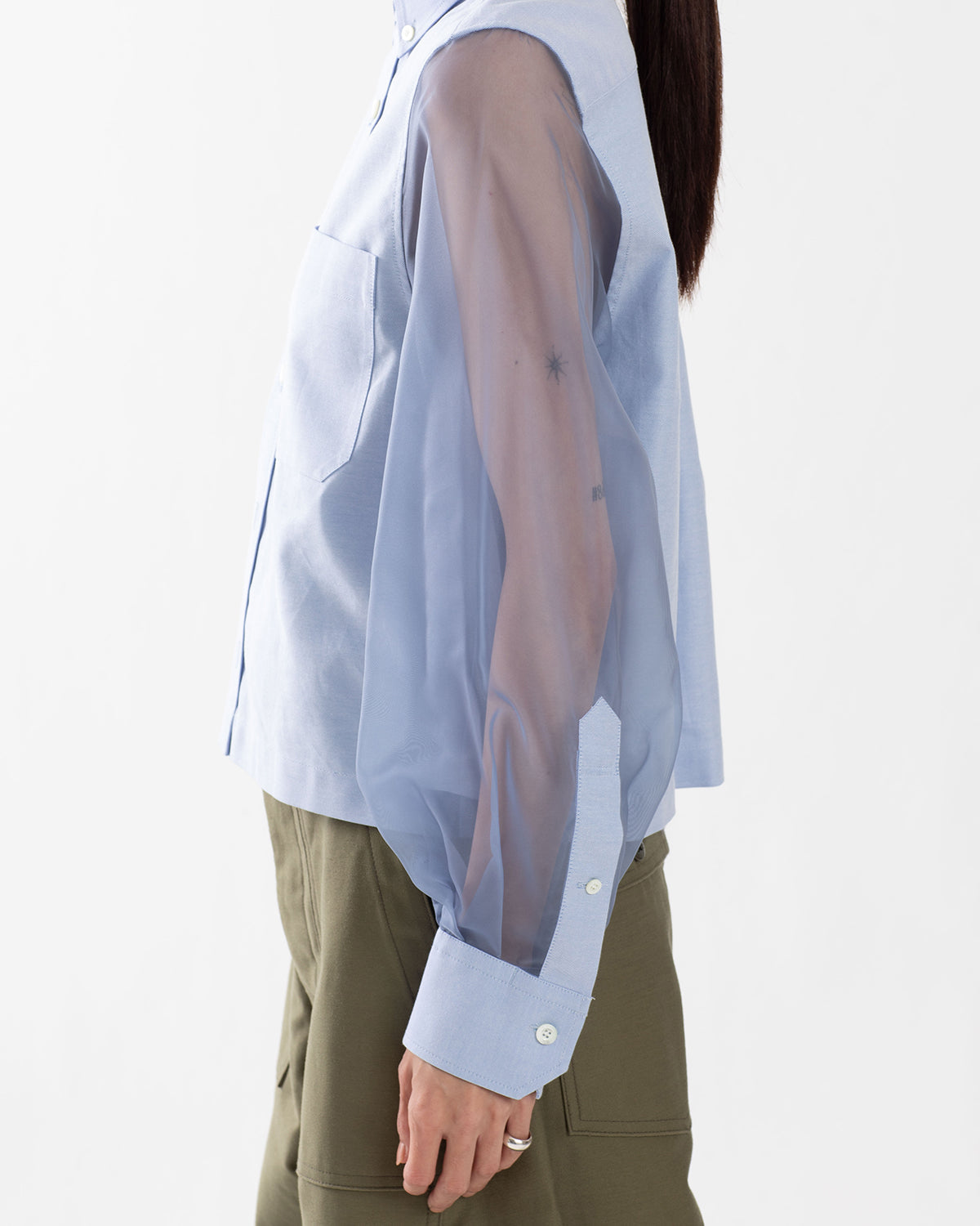 OXFORD CROPPED SHEER SLEEVE SHIRT