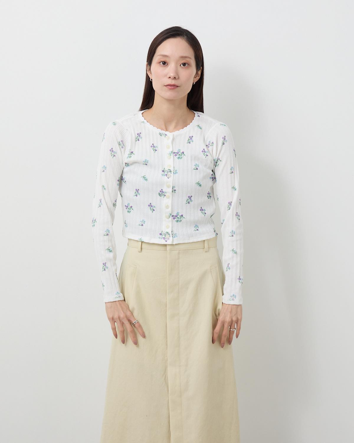 COTTON EYELET RIB FLOWER CARDIGAN