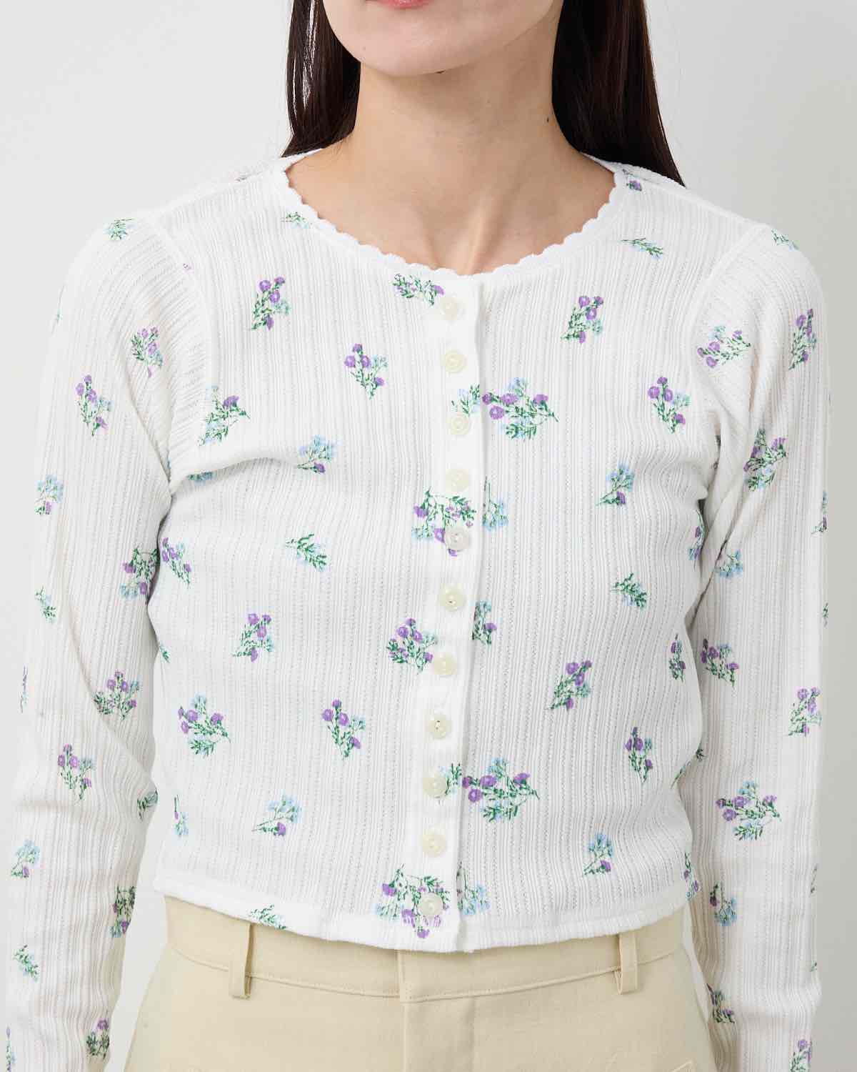 COTTON EYELET RIB FLOWER CARDIGAN