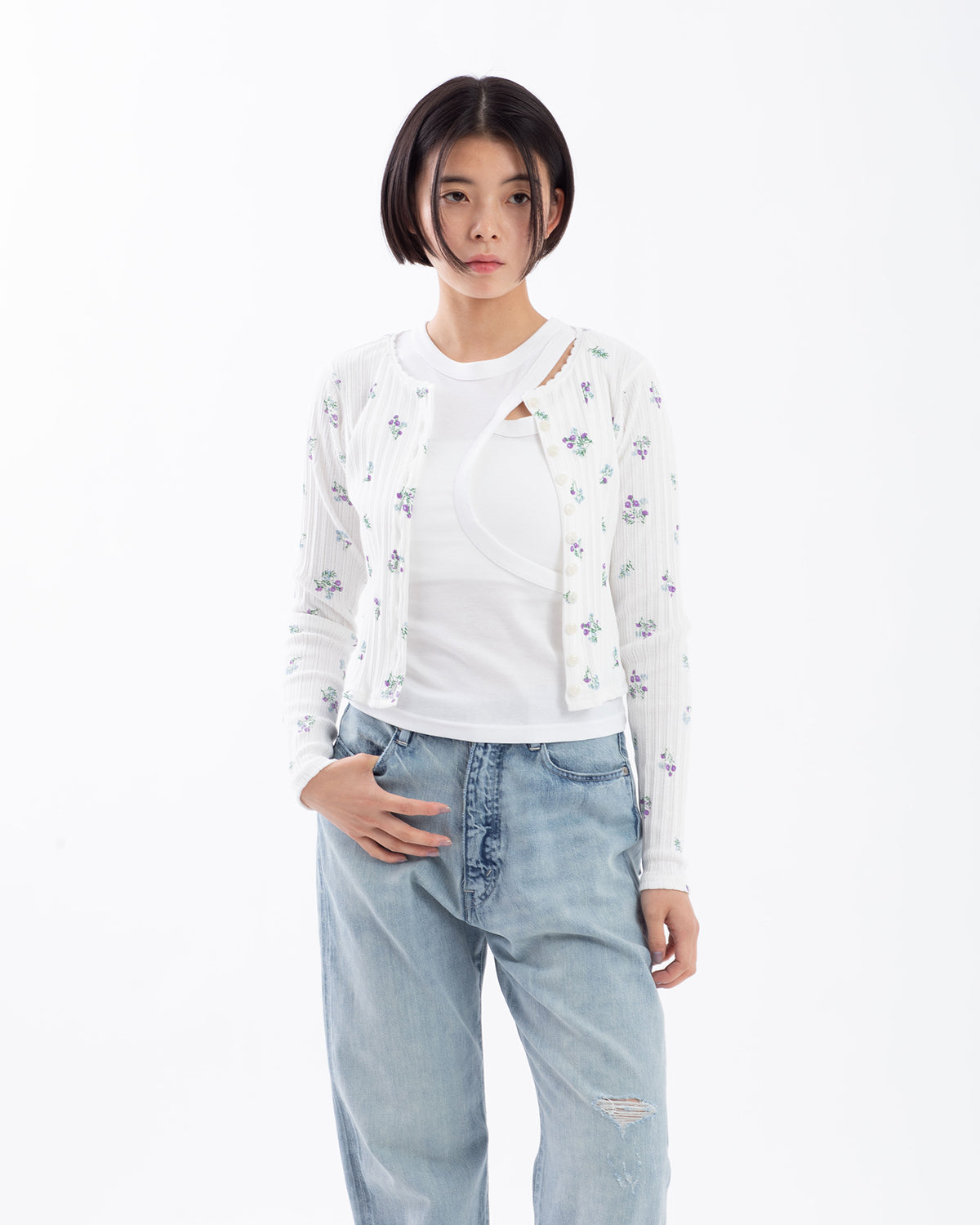 COTTON EYELET RIB FLOWER CARDIGAN