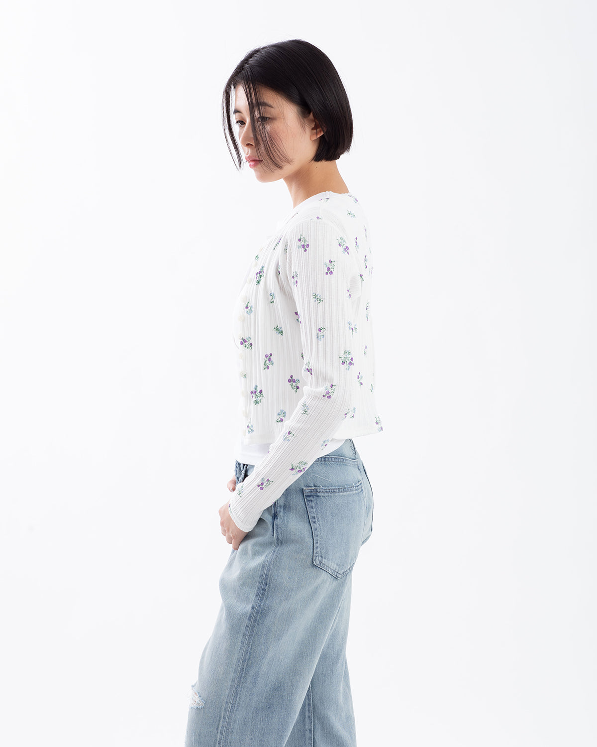 COTTON EYELET RIB FLOWER CARDIGAN