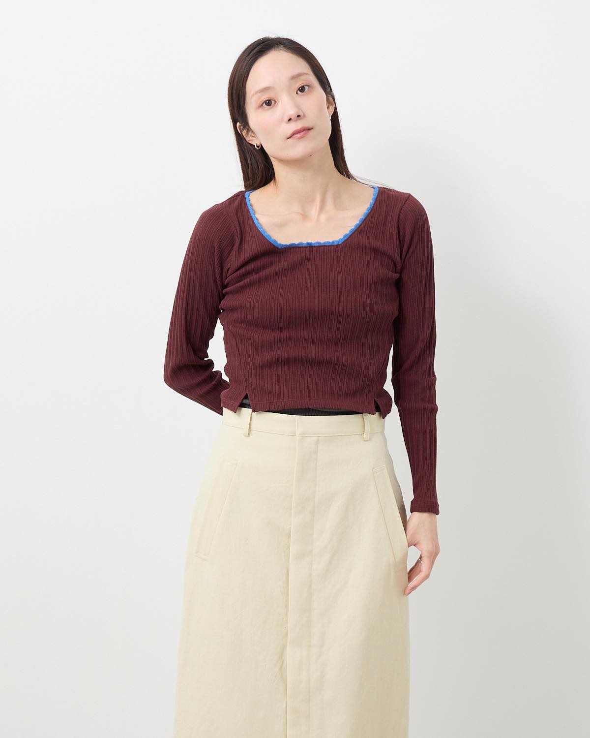 COTTON EYELET RIB SQUARE NECK PULLOVER