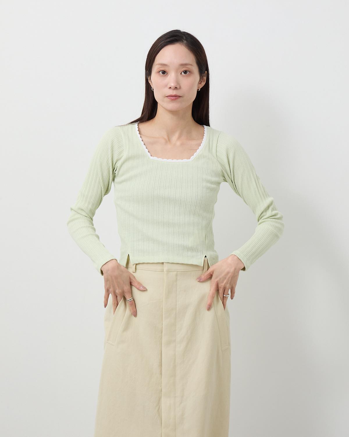 COTTON EYELET RIB SQUARE NECK PULLOVER