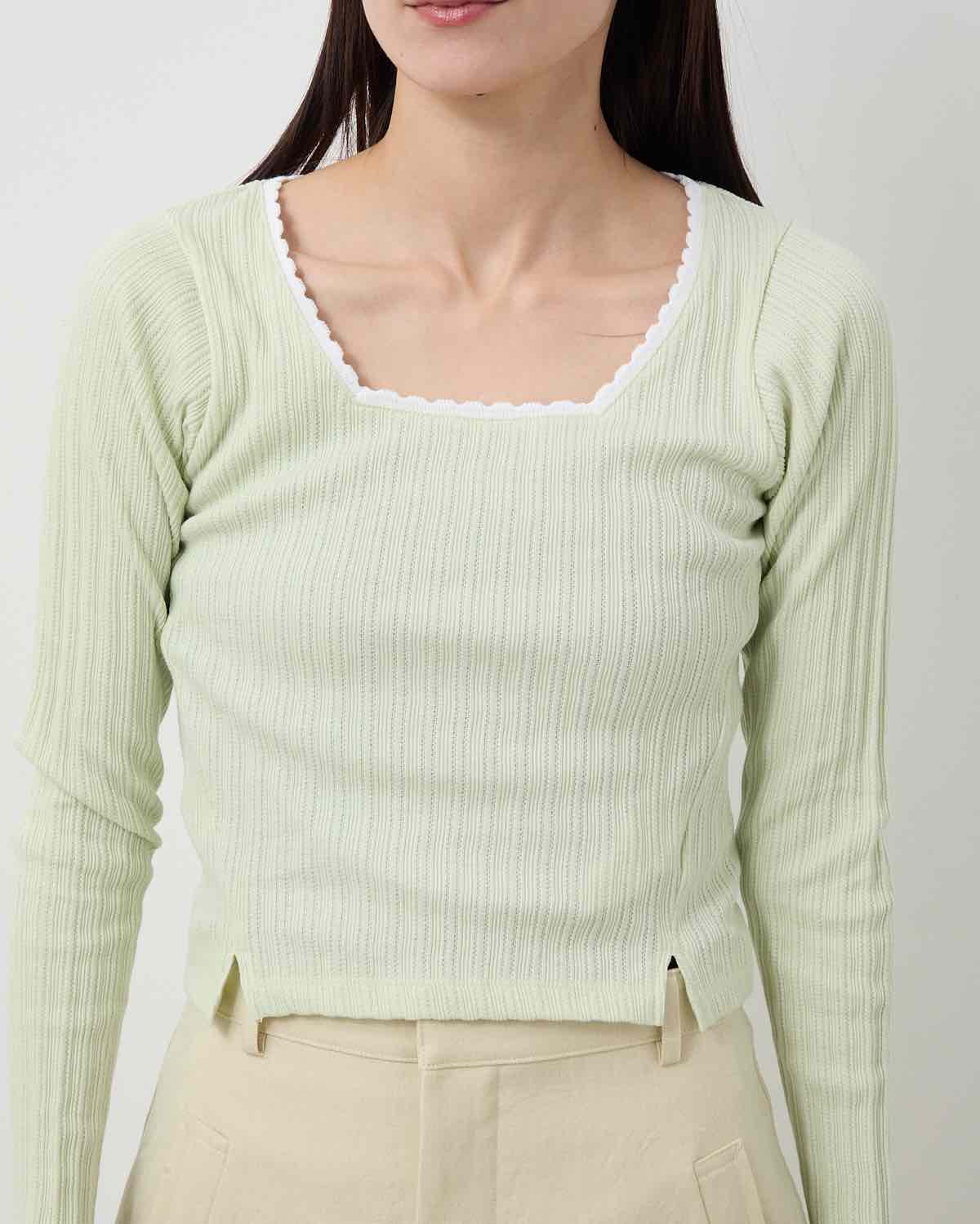 COTTON EYELET RIB SQUARE NECK PULLOVER