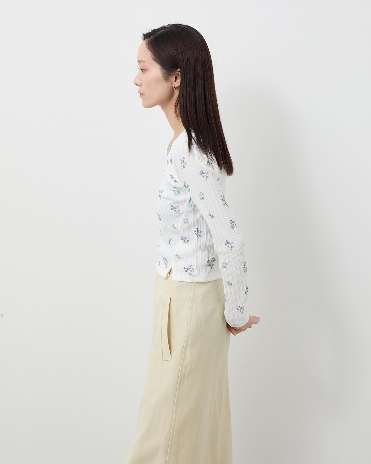 COTTON EYELET RIB FLOWER SQUARE NECK PULLOVER