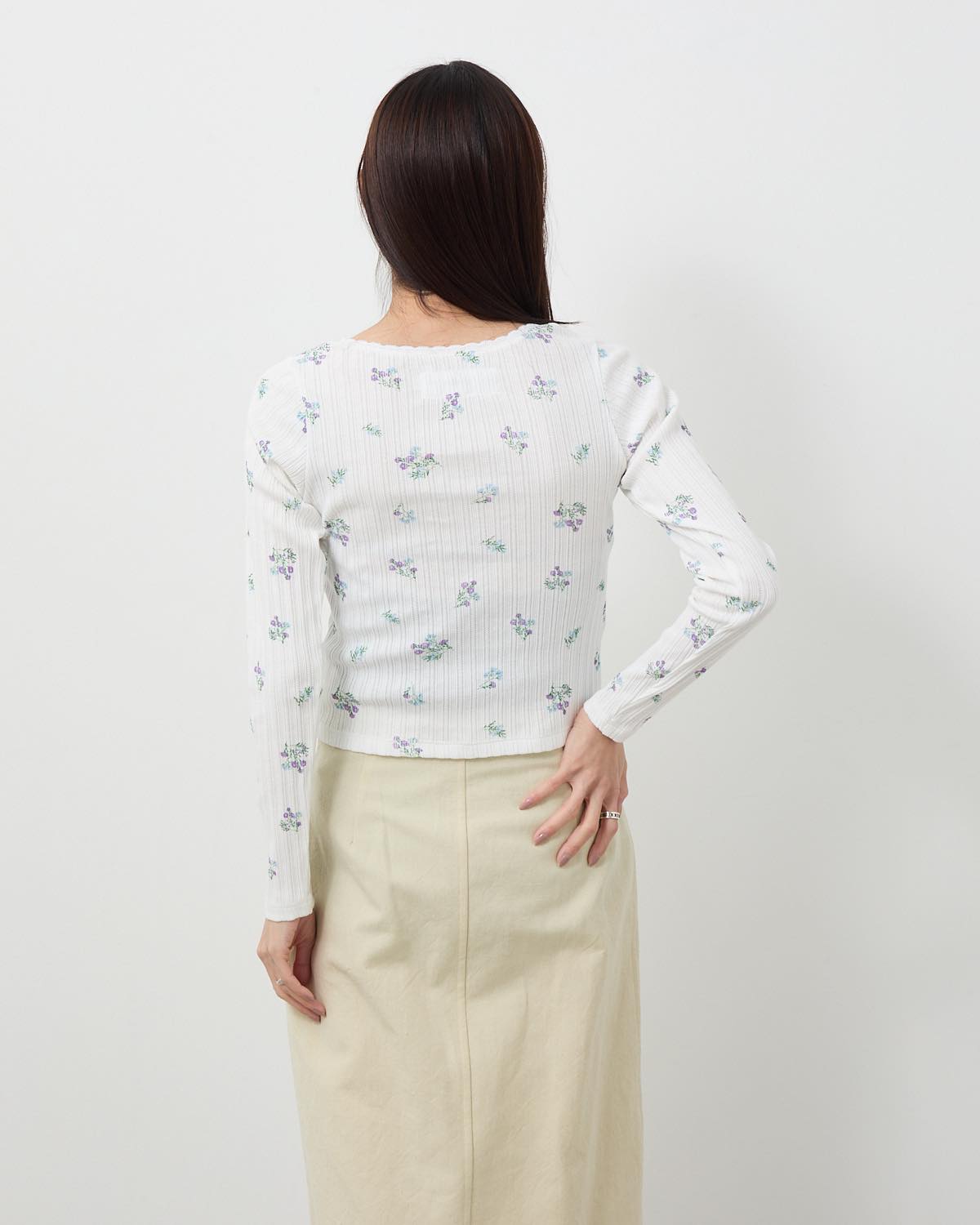 COTTON EYELET RIB FLOWER SQUARE NECK PULLOVER