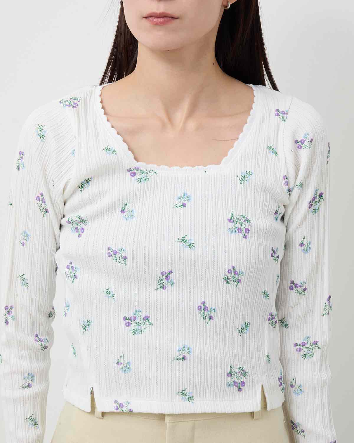COTTON EYELET RIB FLOWER SQUARE NECK PULLOVER