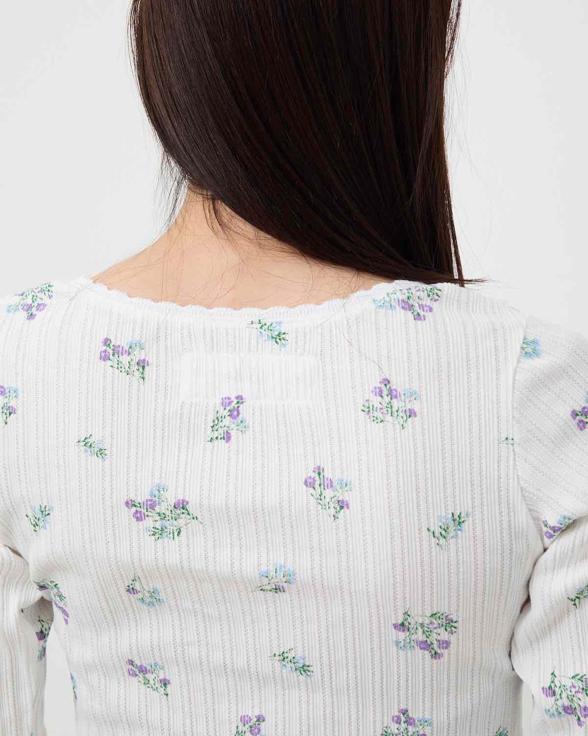 COTTON EYELET RIB FLOWER SQUARE NECK PULLOVER