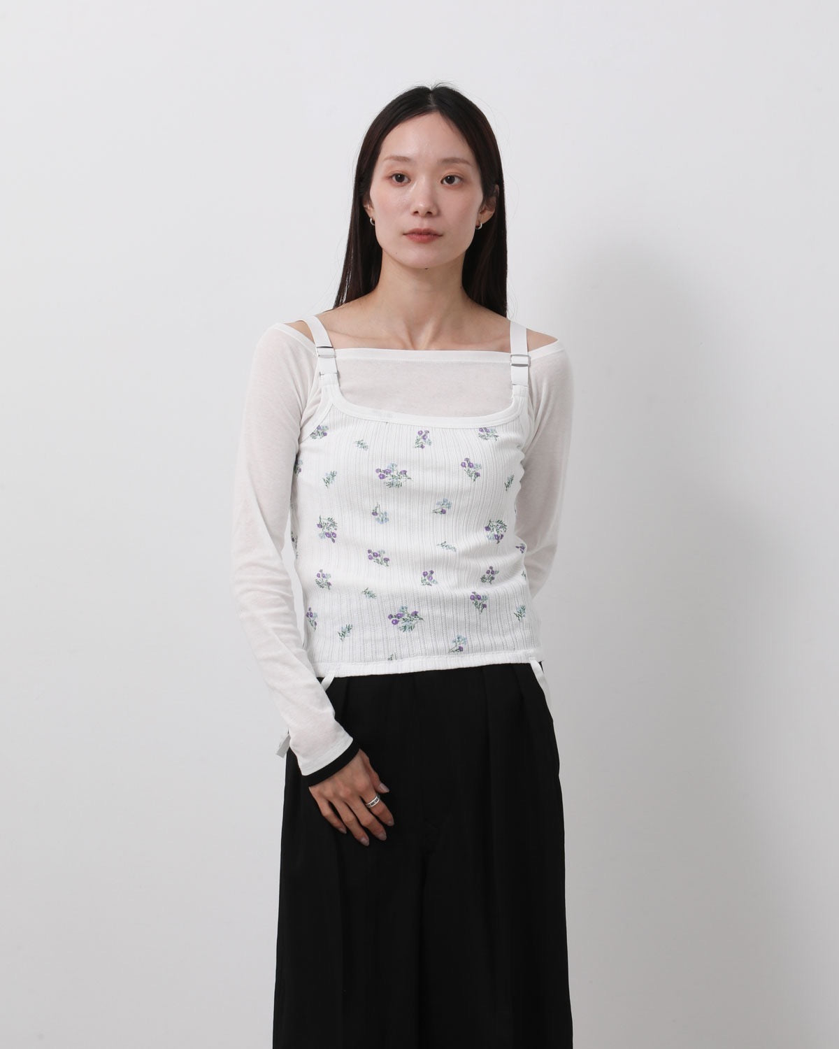 COTTON EYELET RIB FLOWER SQUARE NECK PULLOVER