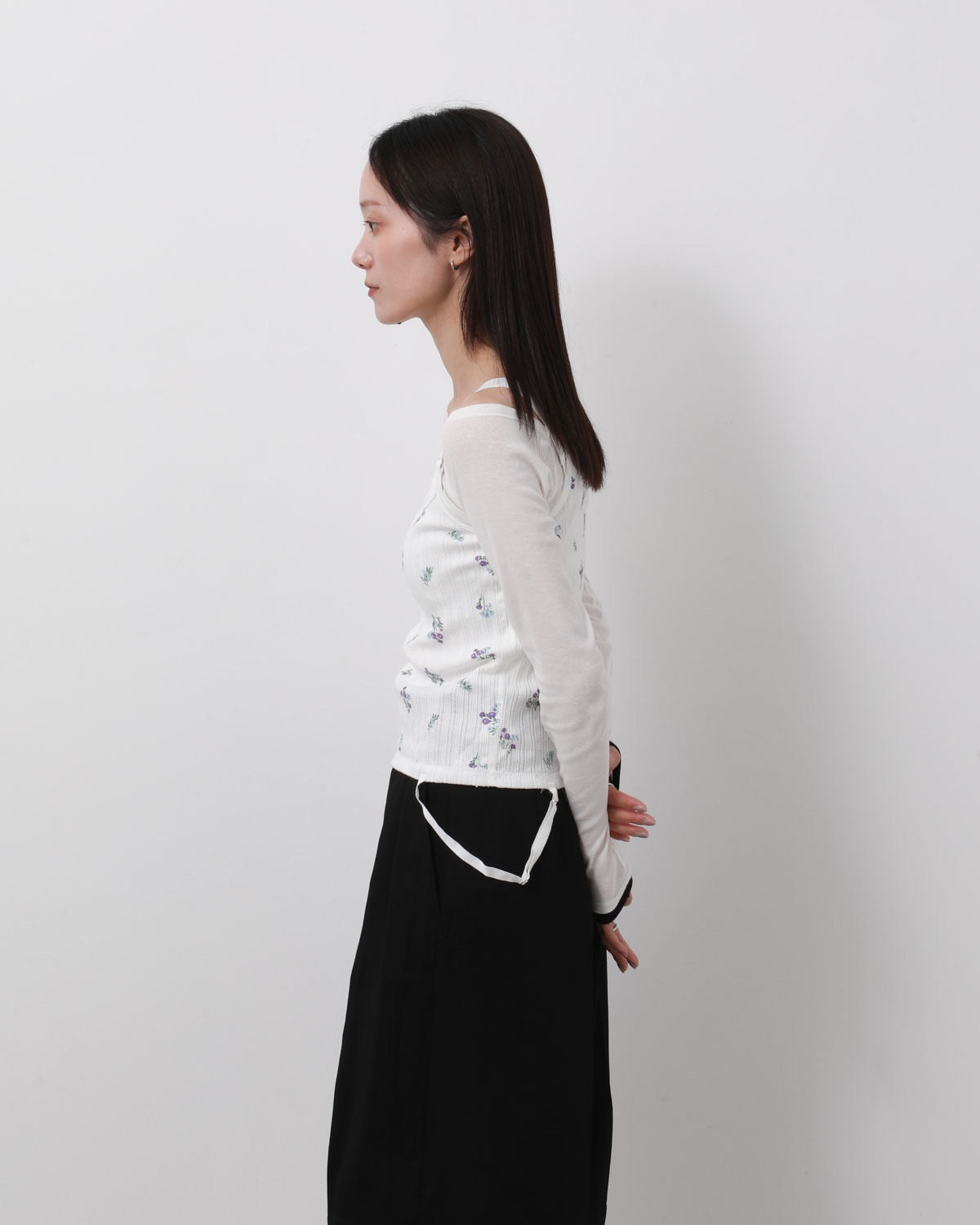 COTTON EYELET RIB FLOWER SQUARE NECK PULLOVER