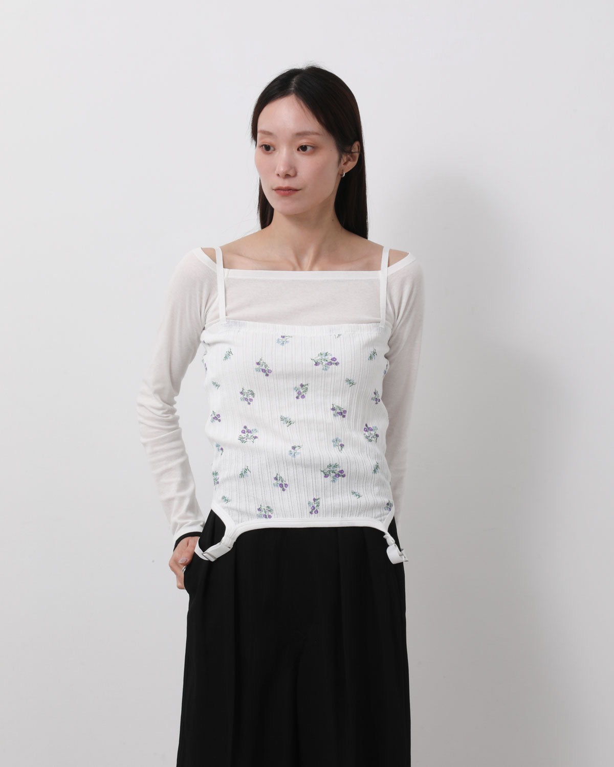 COTTON EYELET RIB FLOWER SQUARE NECK PULLOVER
