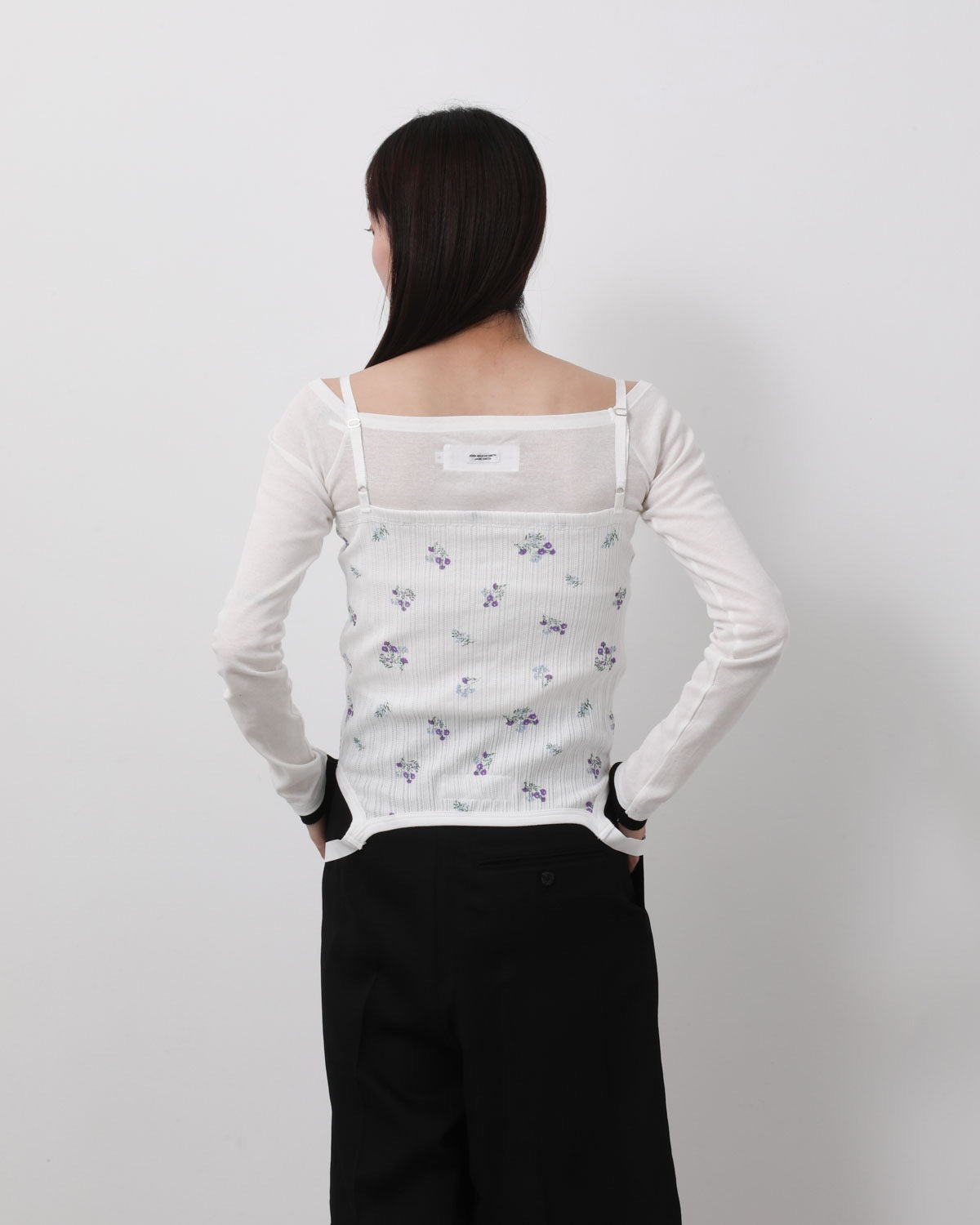 COTTON EYELET RIB FLOWER SQUARE NECK PULLOVER