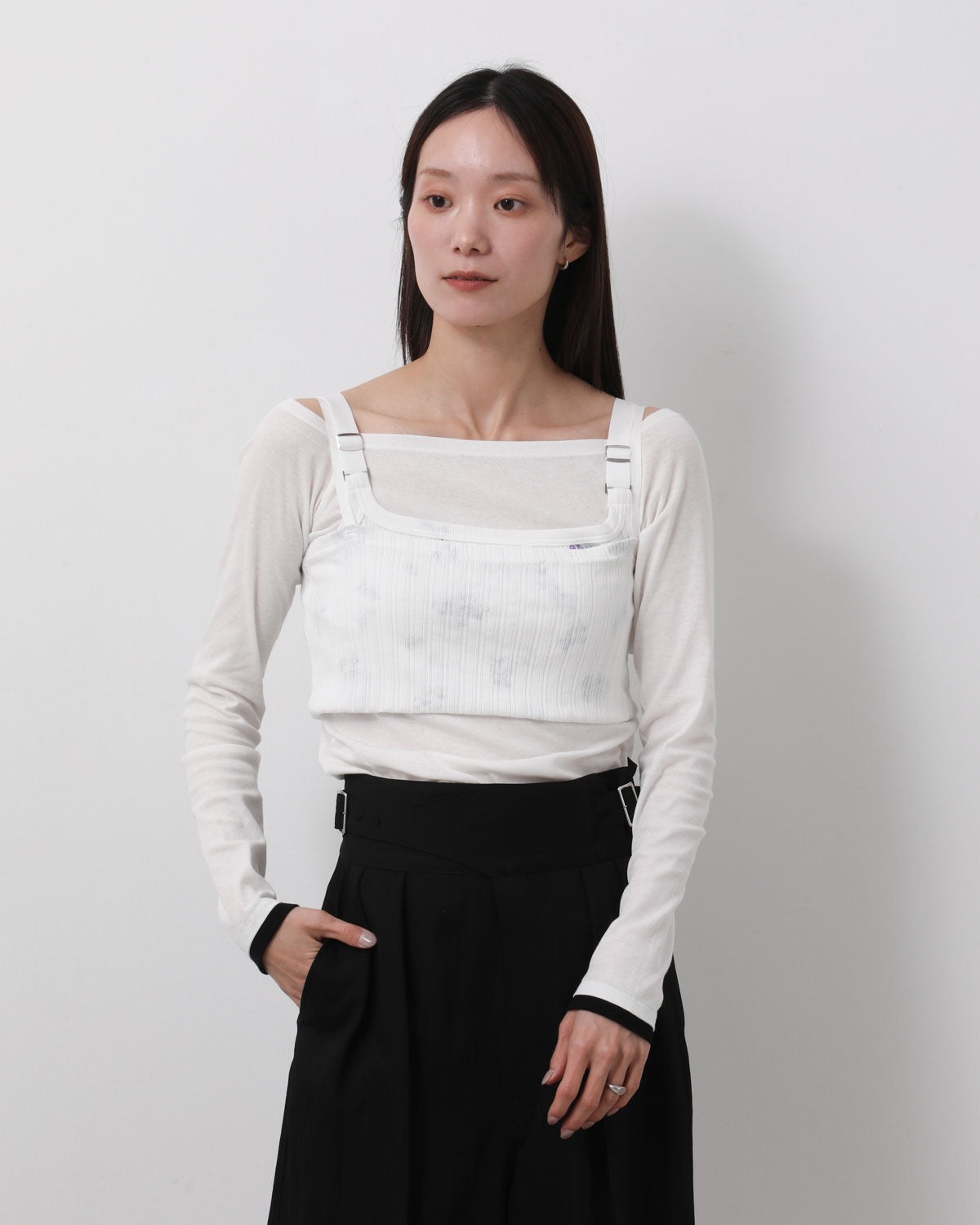 COTTON EYELET RIB FLOWER SQUARE NECK PULLOVER
