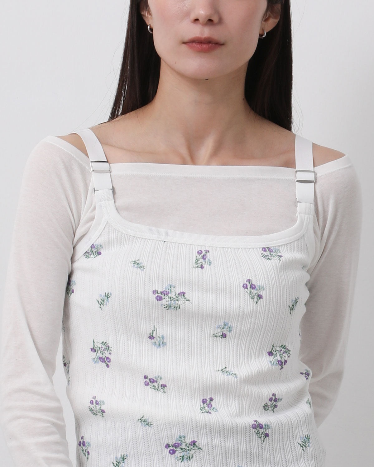COTTON EYELET RIB FLOWER SQUARE NECK PULLOVER