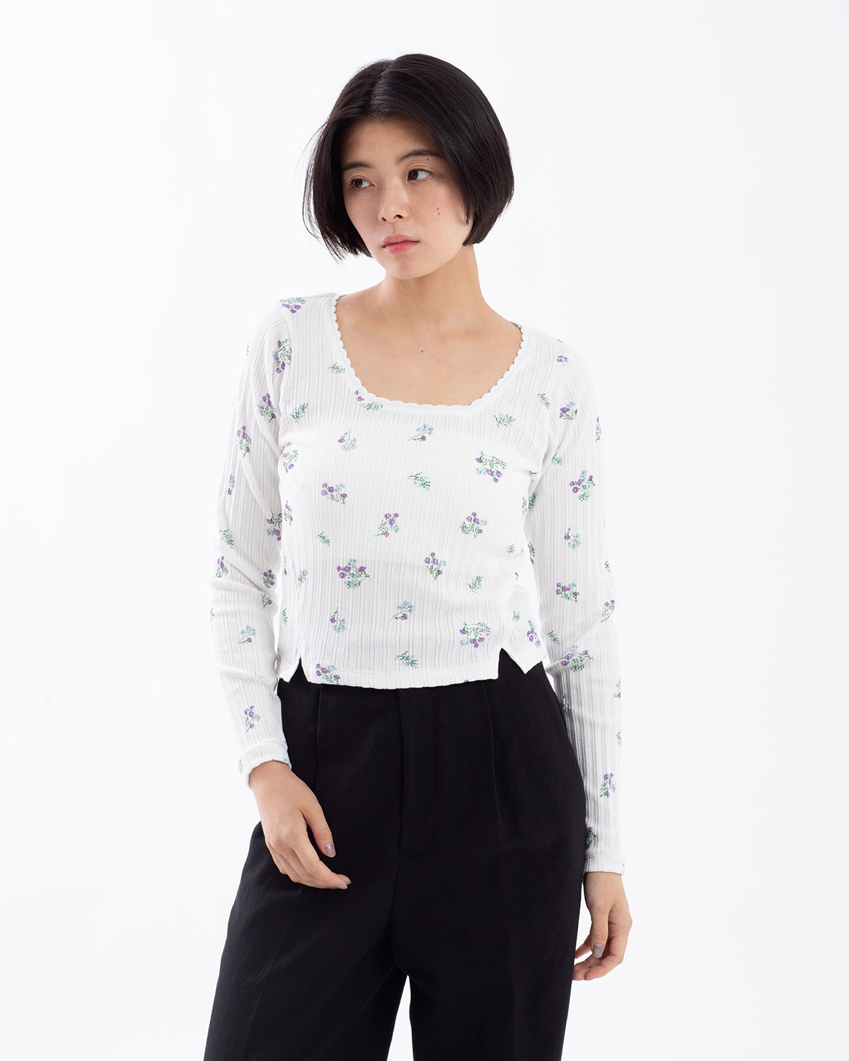 COTTON EYELET RIB FLOWER SQUARE NECK PULLOVER