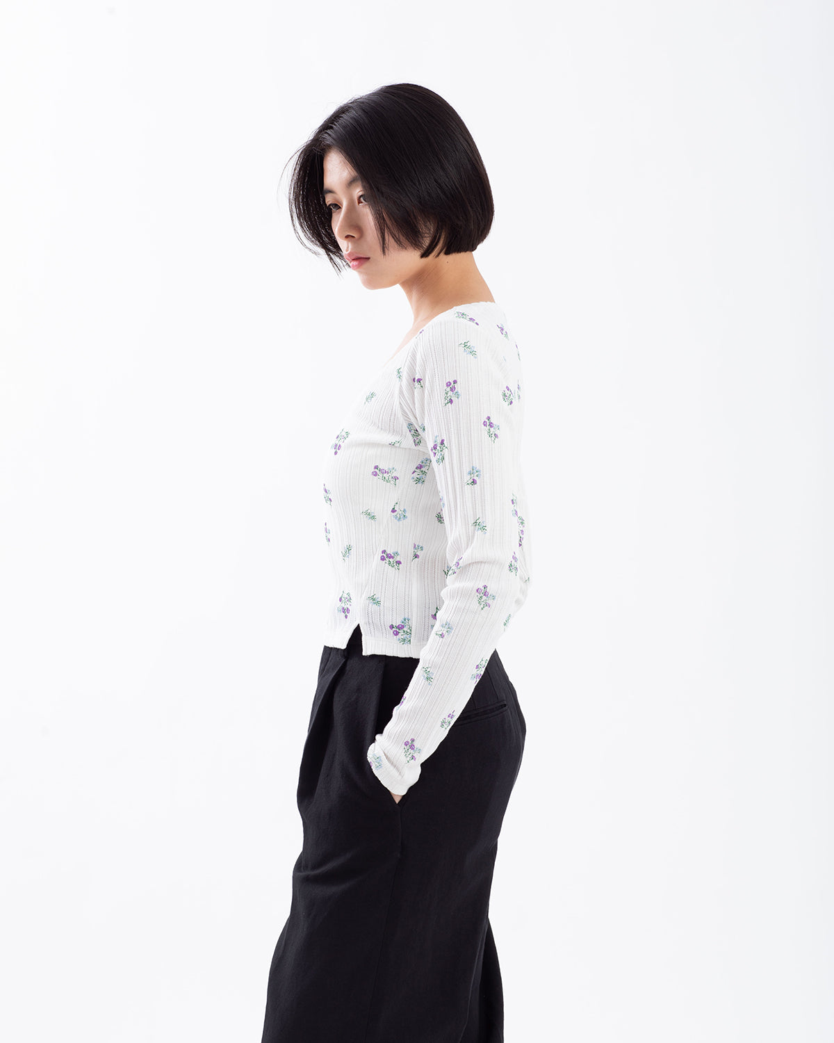 COTTON EYELET RIB FLOWER SQUARE NECK PULLOVER