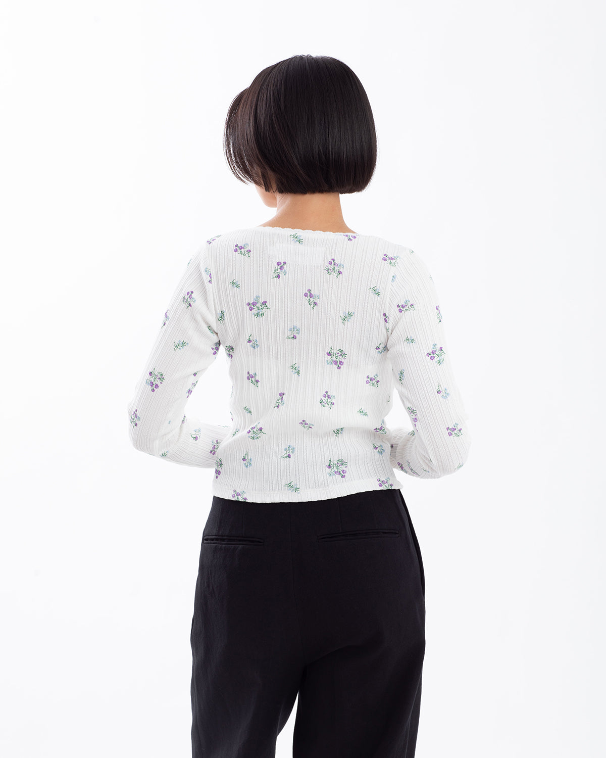 COTTON EYELET RIB FLOWER SQUARE NECK PULLOVER