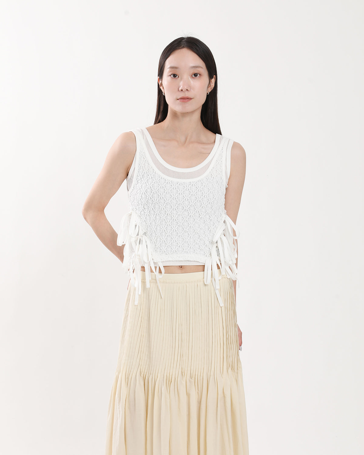 NYLON COTTON FLOWER LACE RIBBON LAYERED TANK TOP