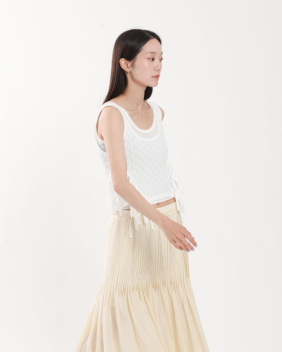 NYLON COTTON FLOWER LACE RIBBON LAYERED TANK TOP