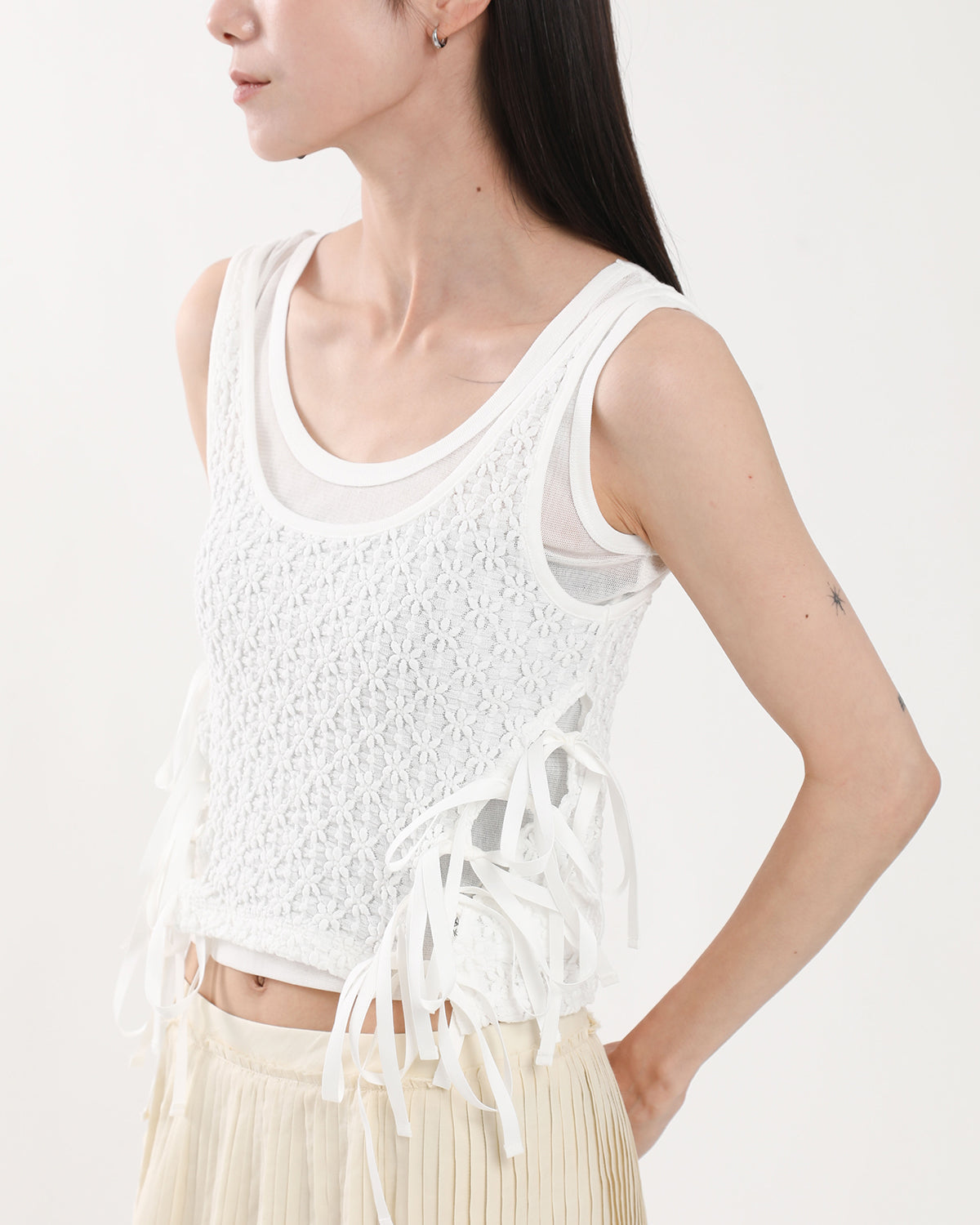 NYLON COTTON FLOWER LACE RIBBON LAYERED TANK TOP