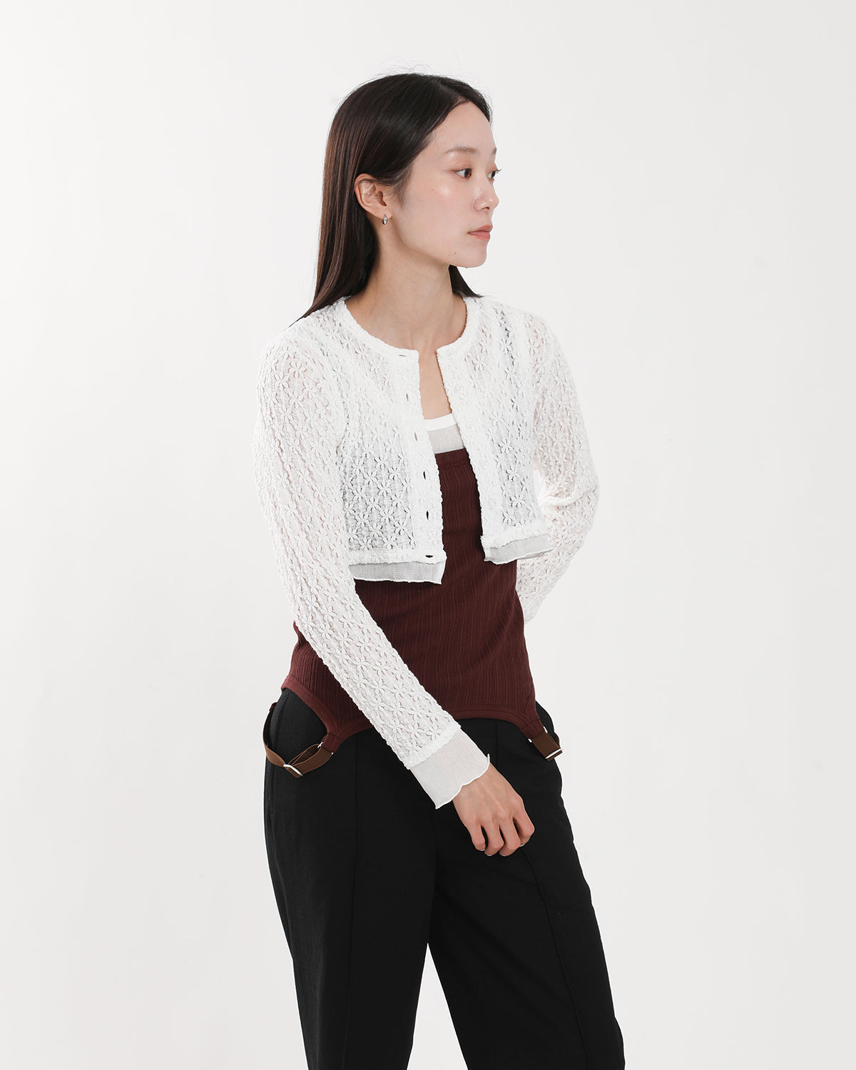 NYLON COTTON FLOWER LACE TULLE COMBI CARDIGAN