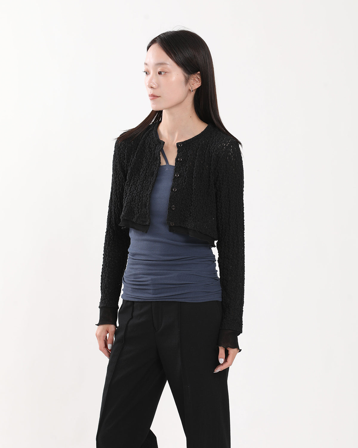 NYLON COTTON FLOWER LACE TULLE COMBI CARDIGAN