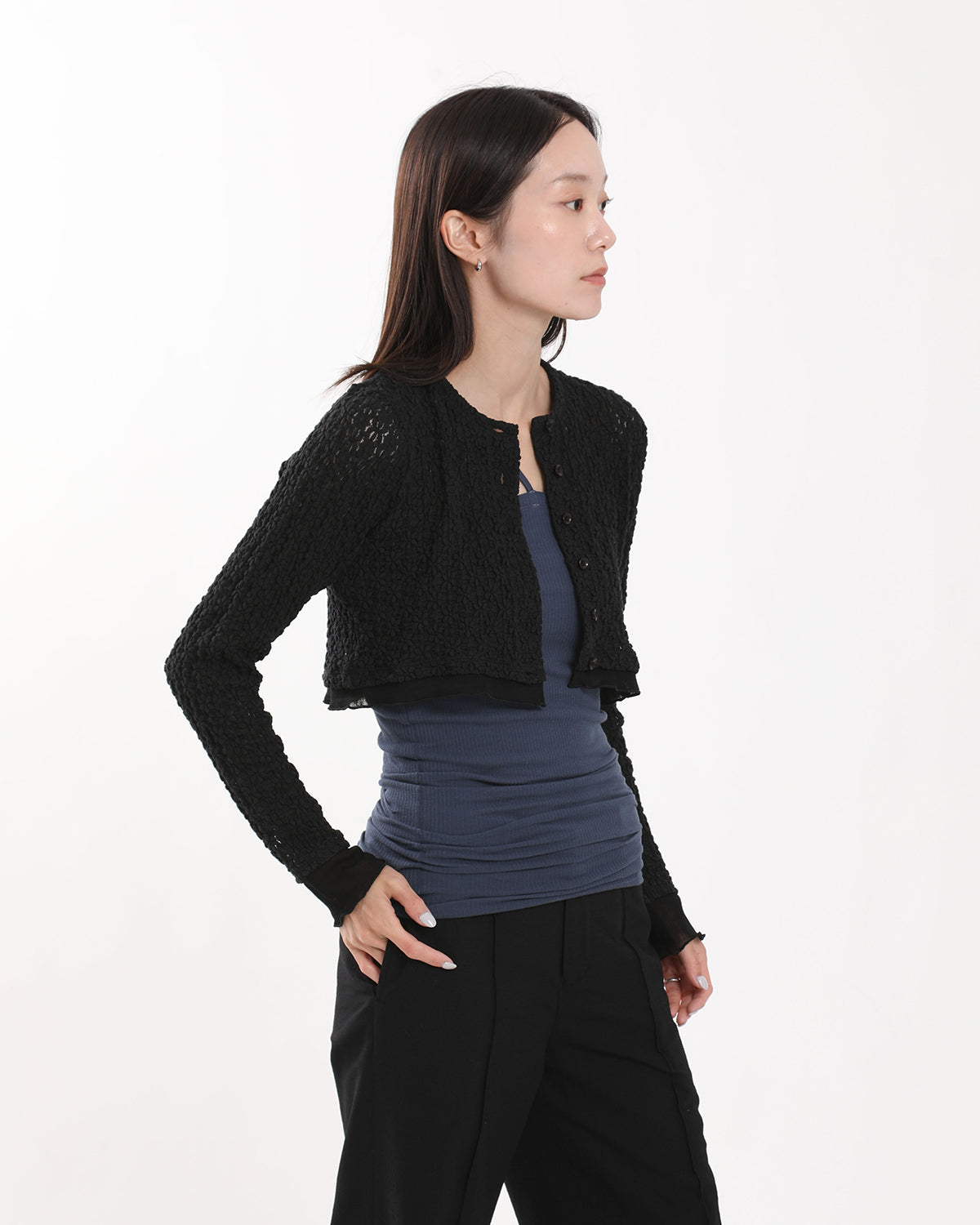 NYLON COTTON FLOWER LACE TULLE COMBI CARDIGAN