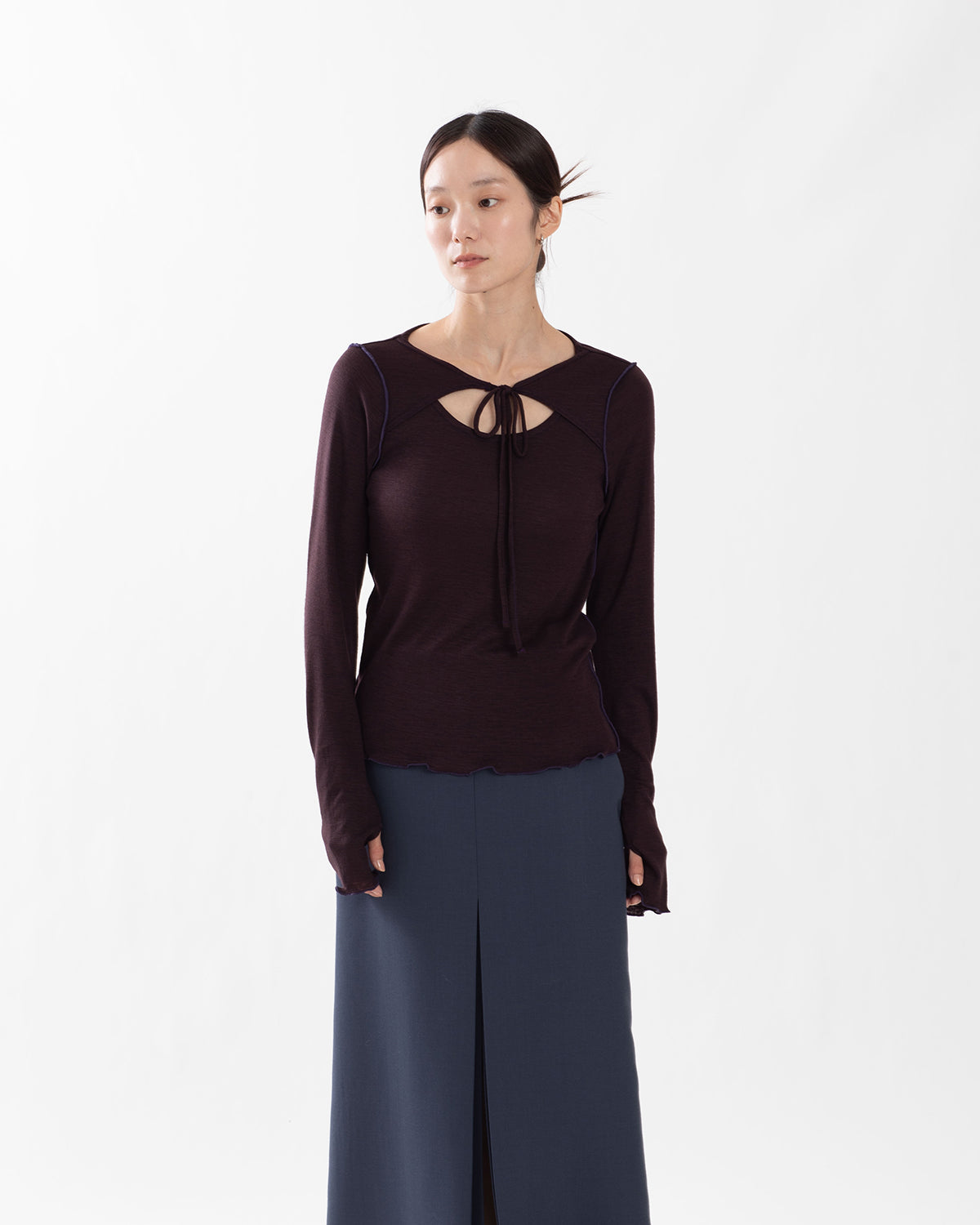 WOOL RIB FRONT STRING PULLOVER