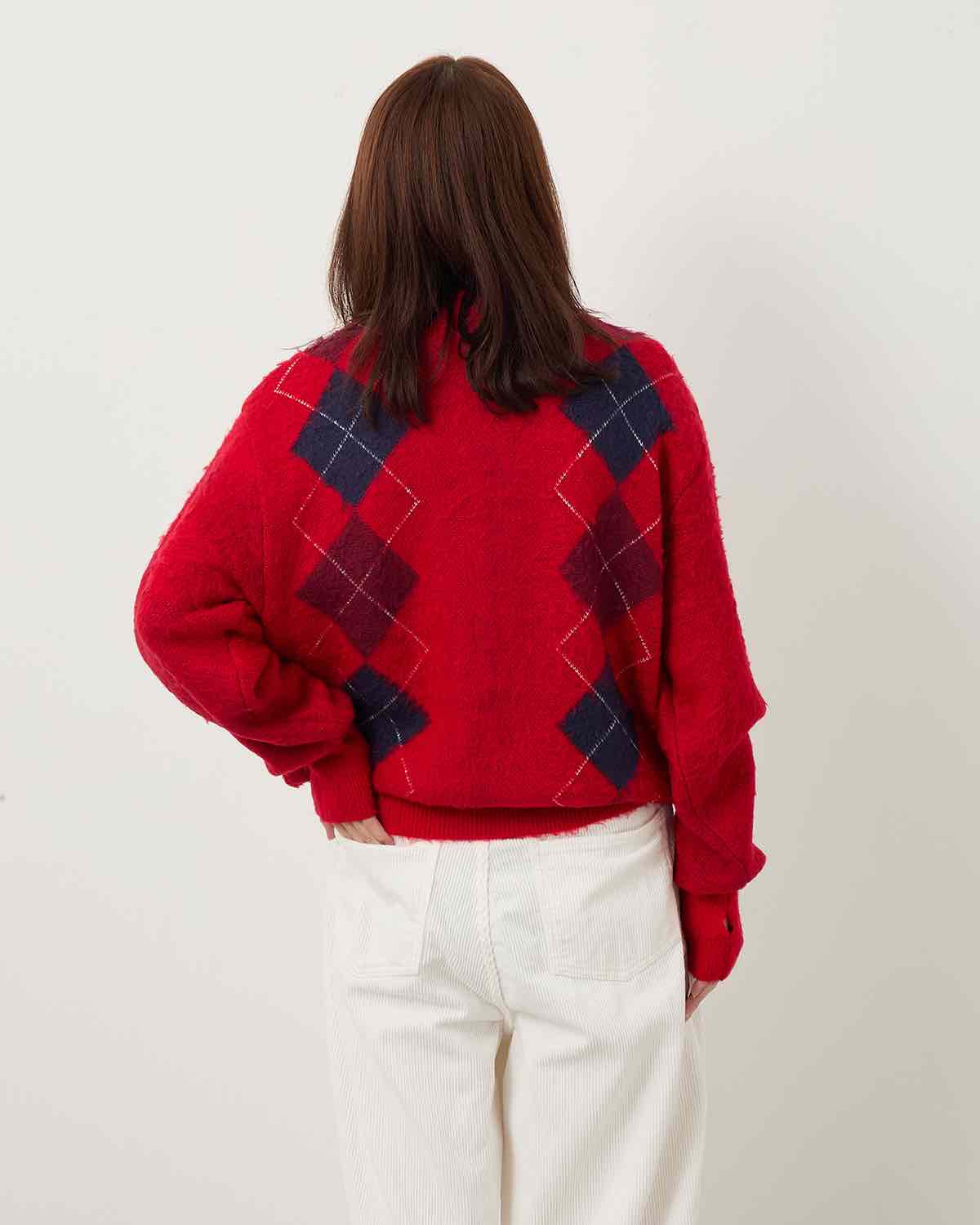 7G WOOL JACQUARD ARGYLE CREW CARDIGAN